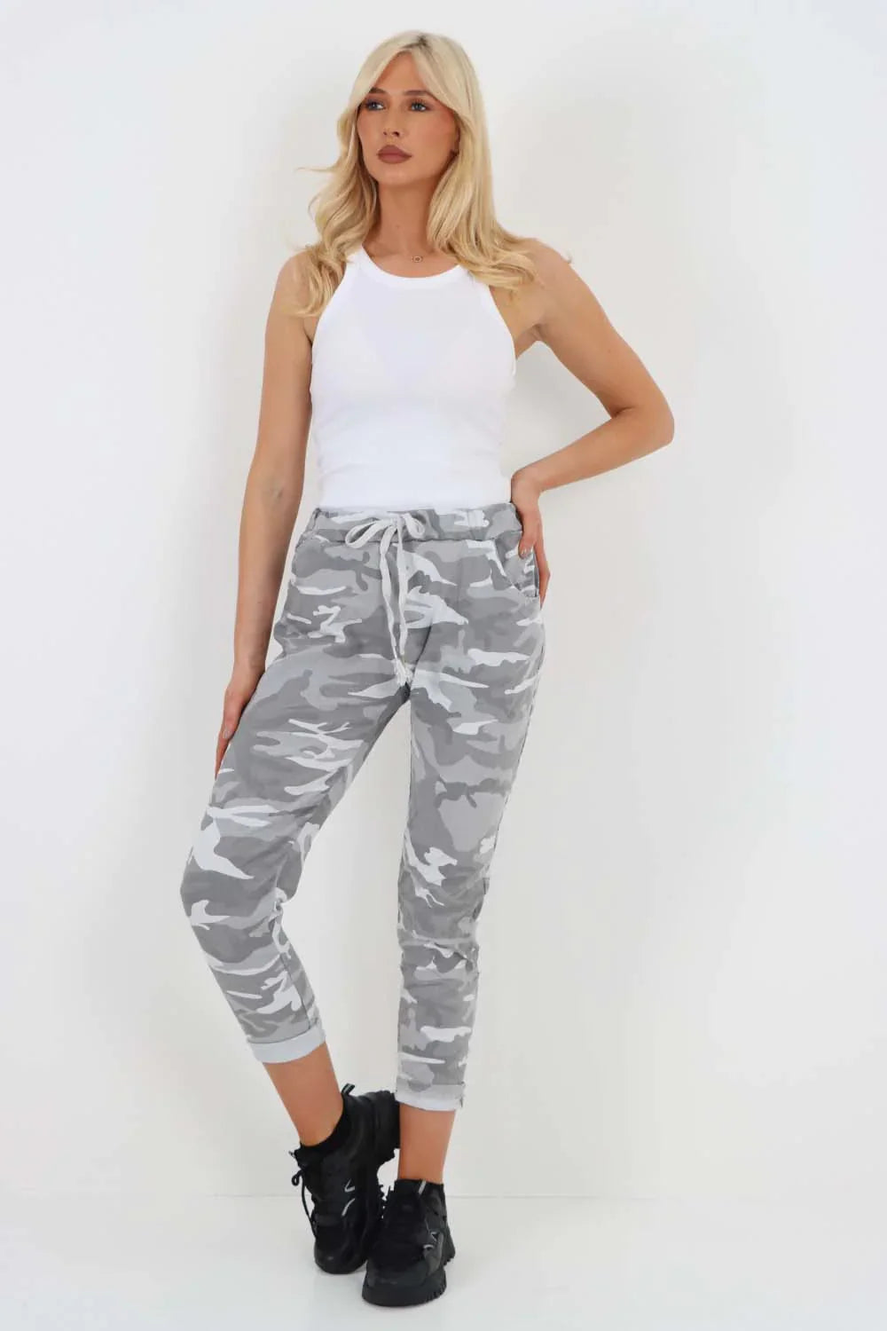 Turquoise Plus Size Italian Drawstring Camo Side Pockets Trousers For Women 22 - Dropwear