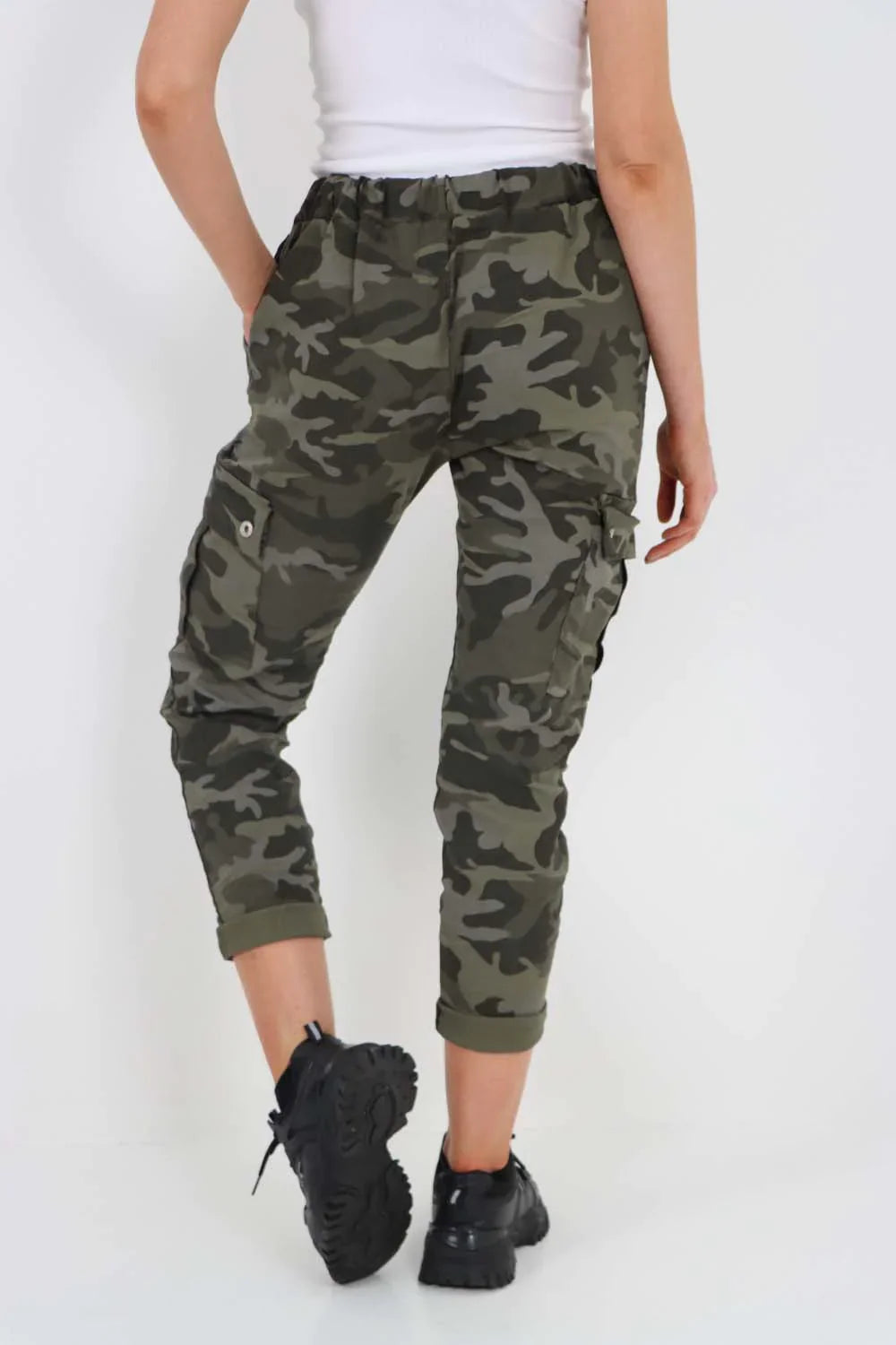 Navy Blue Plus Size Italian Drawstring Camo Side Pockets Cargo Trousers For Women 16 - Dropwear