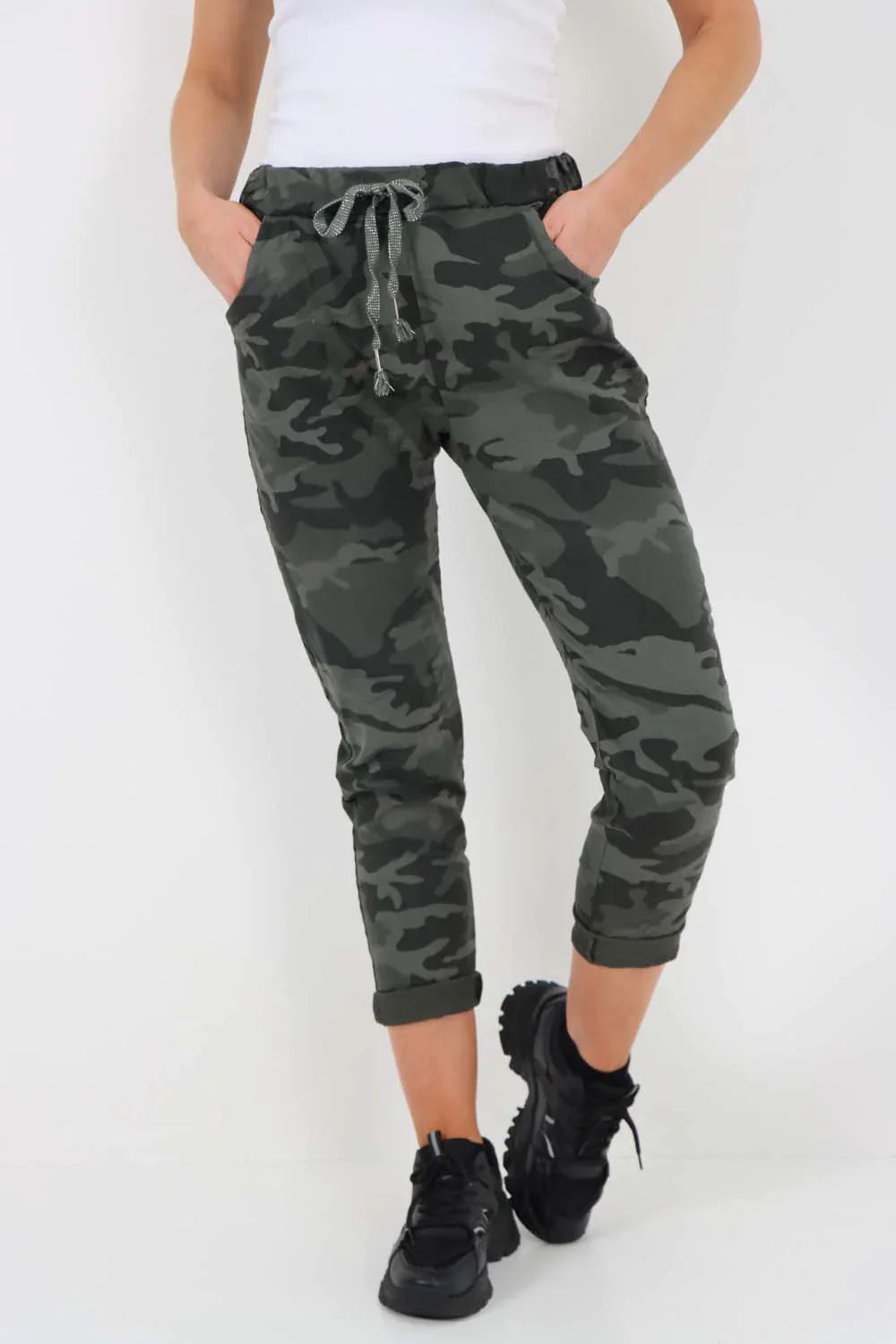 Pink Plus Size Italian Drawstring Camo Side Pockets Trousers For Women 16 - Dropwear