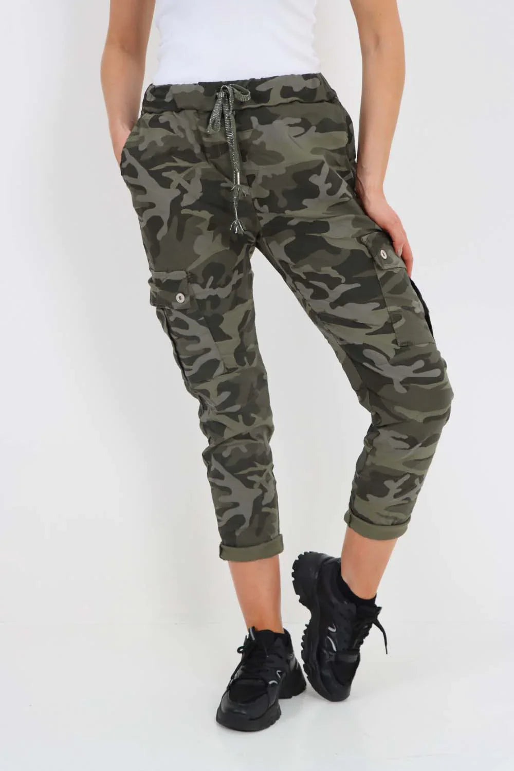 Mustard Plus Size Italian Drawstring Camo Side Pockets Cargo Trousers For Women 22 - Dropwear