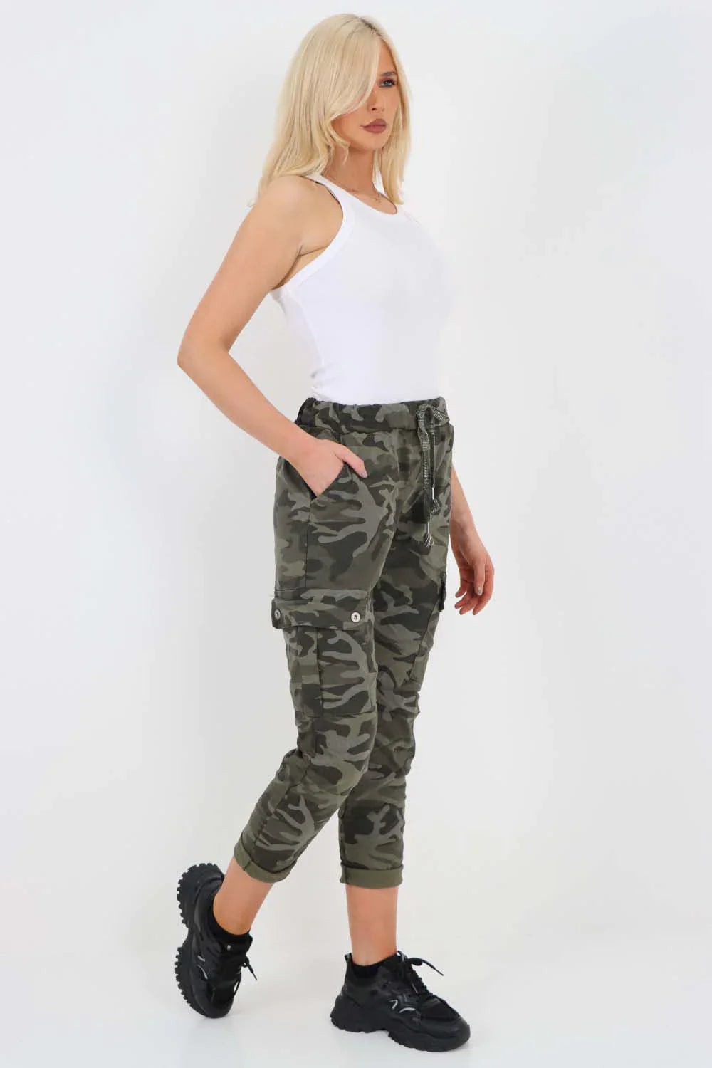 Mustard Plus Size Italian Drawstring Camo Side Pockets Cargo Trousers For Women 20 - Dropwear