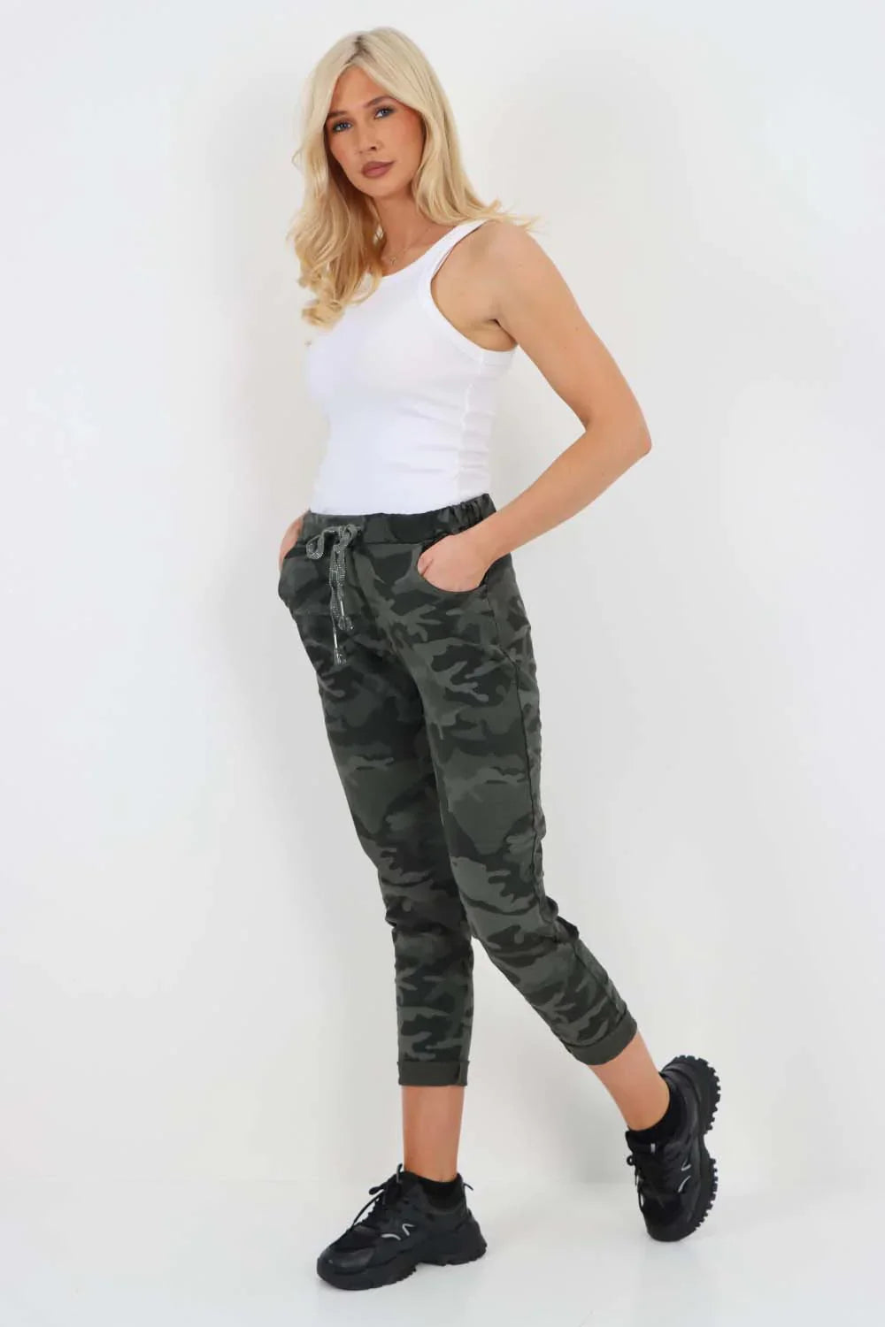 Navy Blue Plus Size Italian Drawstring Camo Side Pockets Trousers For Women 18 - Dropwear