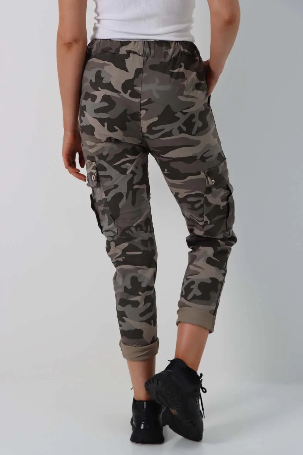 Mocha Plus Size Italian Drawstring Camo Side Pockets Cargo Trousers For Women 20 - Dropwear