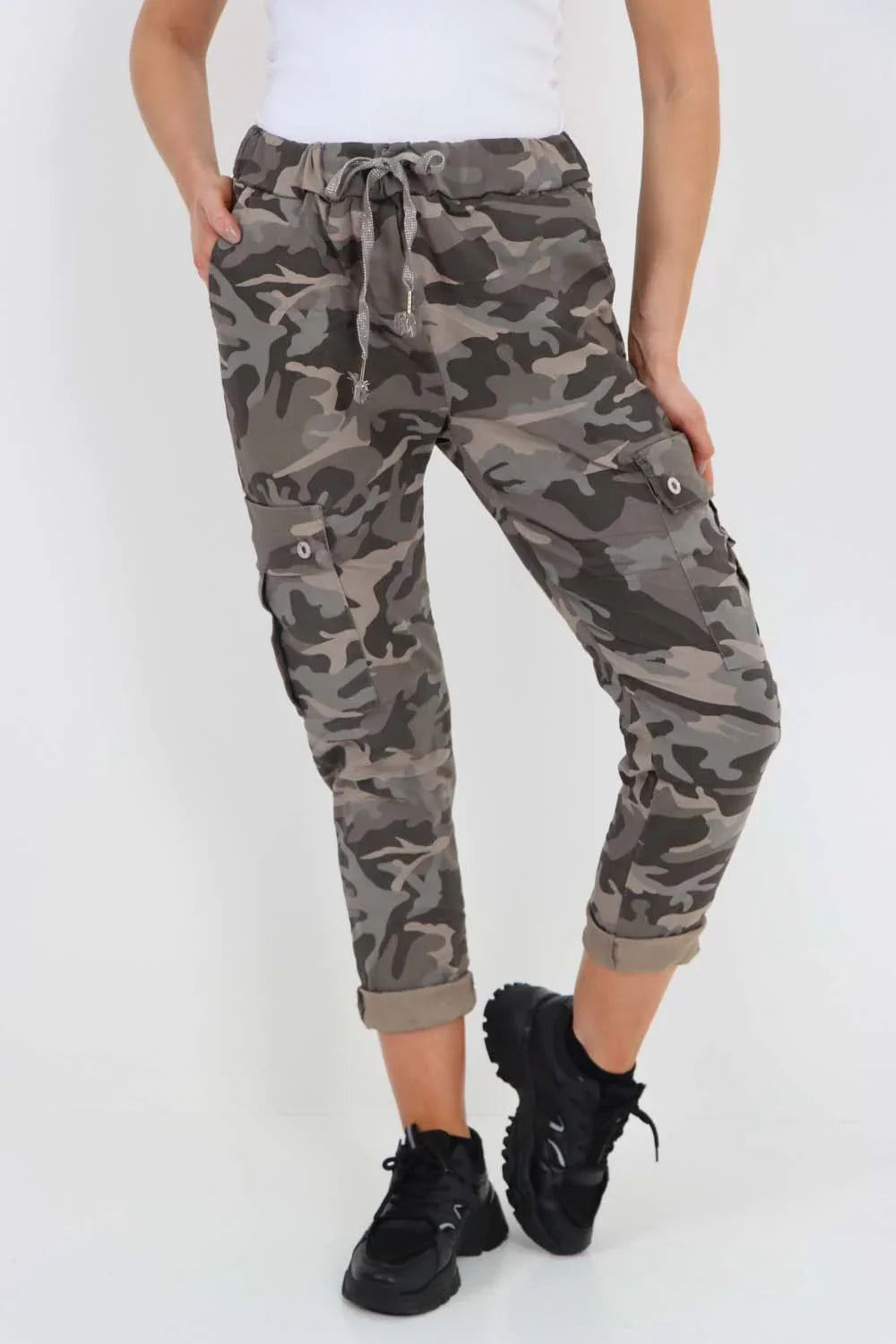 Mocha Plus Size Italian Drawstring Camo Side Pockets Cargo Trousers For Women 18 - Dropwear
