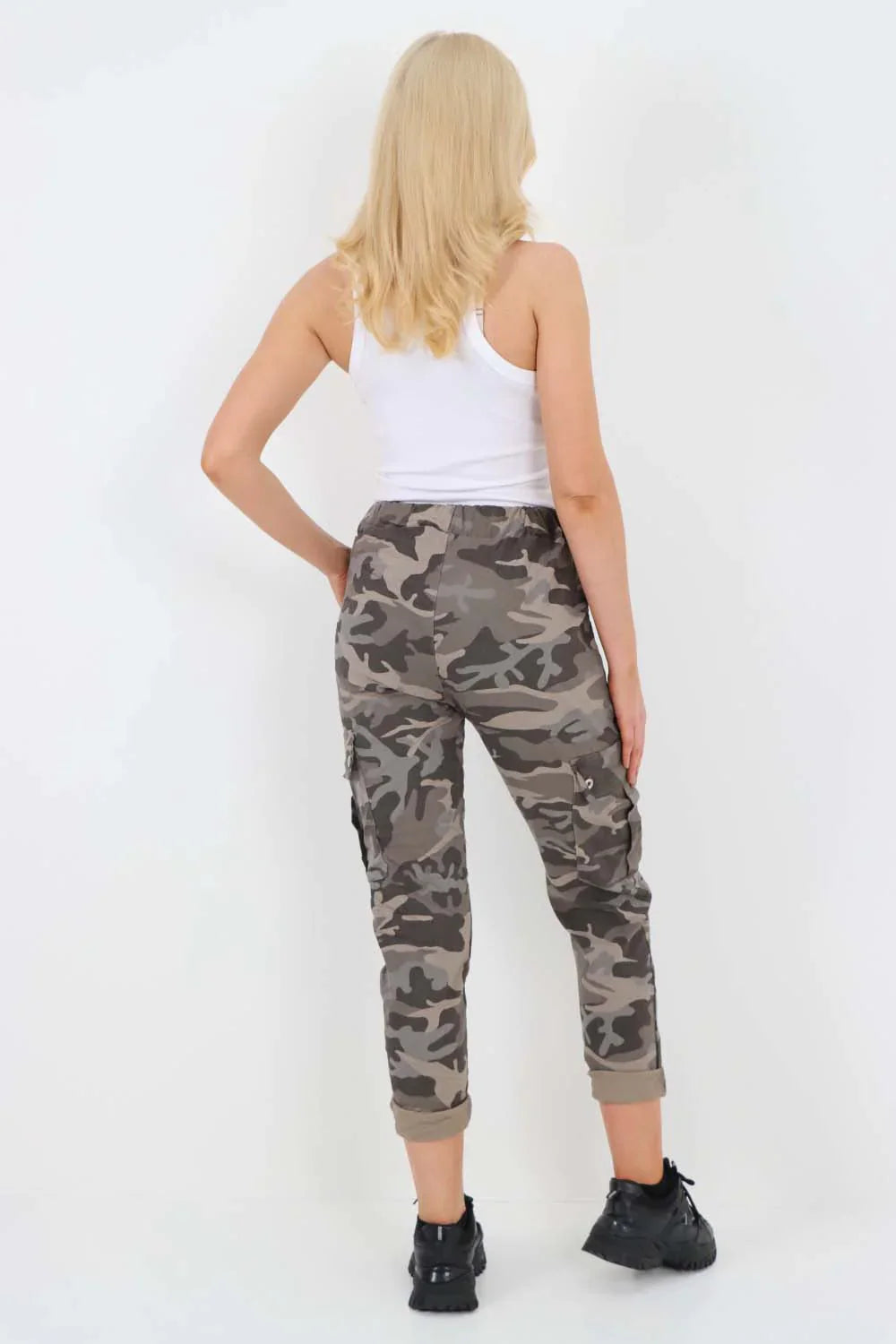 Khaki Plus Size Italian Drawstring Camo Side Pockets Cargo Trousers For Women 22 - Dropwear