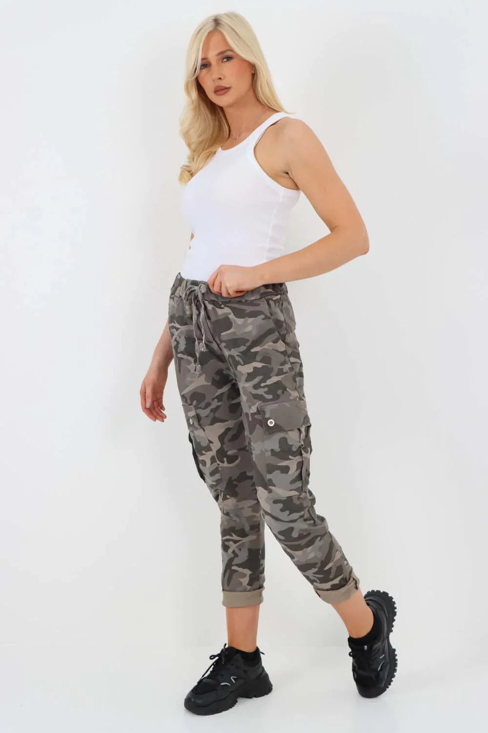 Khaki Plus Size Italian Drawstring Camo Side Pockets Cargo Trousers For Women 20 - Dropwear