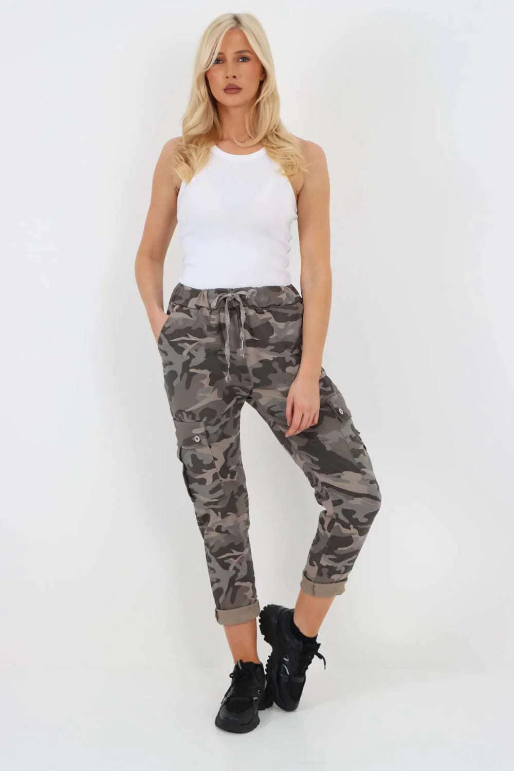Khaki Plus Size Italian Drawstring Camo Side Pockets Cargo Trousers For Women 18 - Dropwear