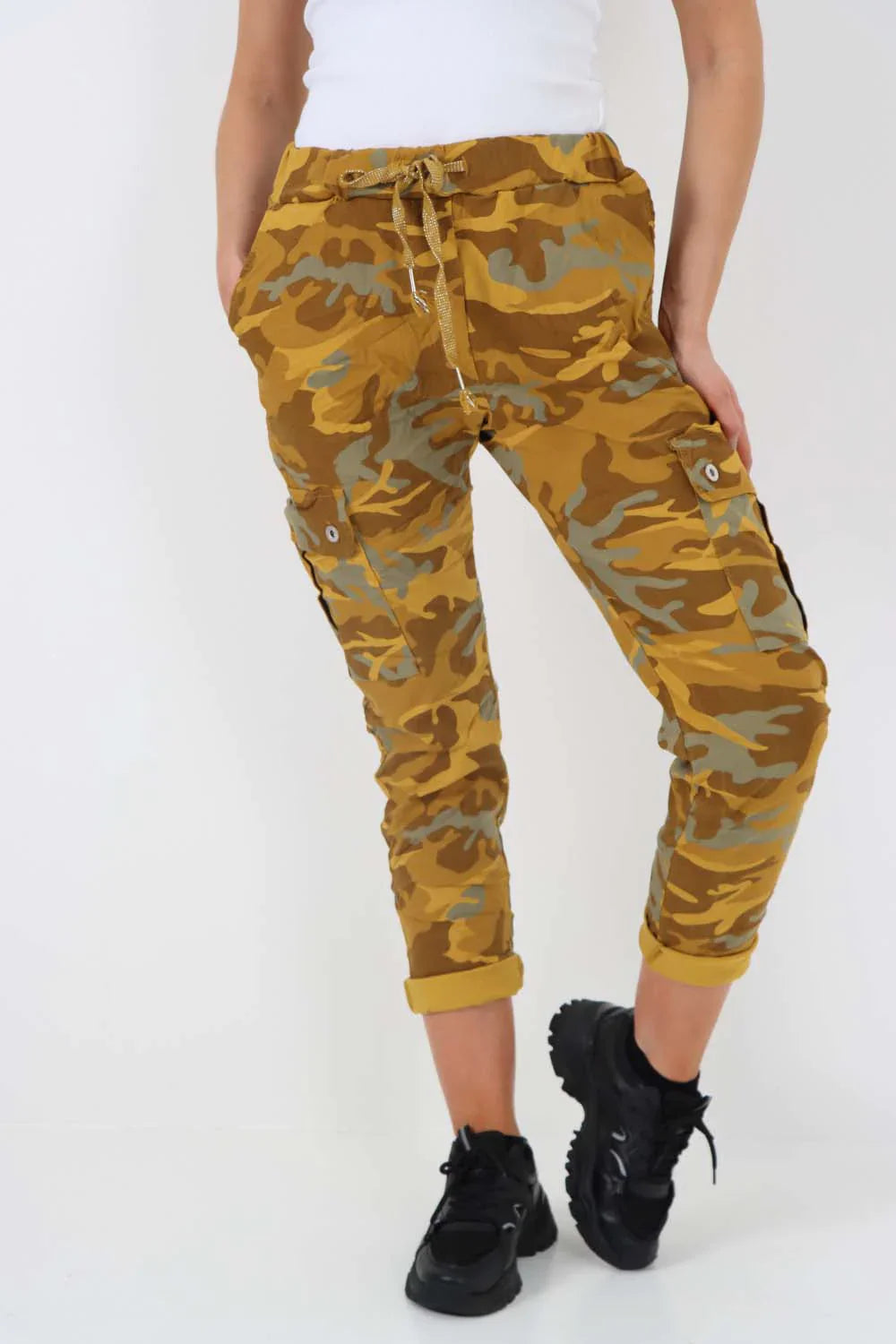 Khaki Plus Size Italian Drawstring Camo Side Pockets Cargo Trousers For Women 16 - Dropwear