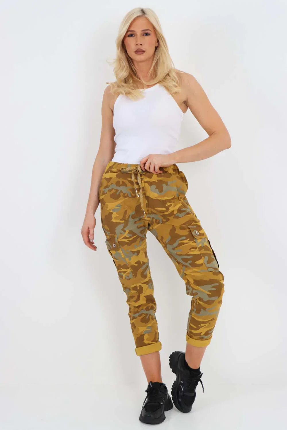 Charcoal Plus Size Italian Drawstring Camo Side Pockets Cargo Trousers For Women 22 - Dropwear