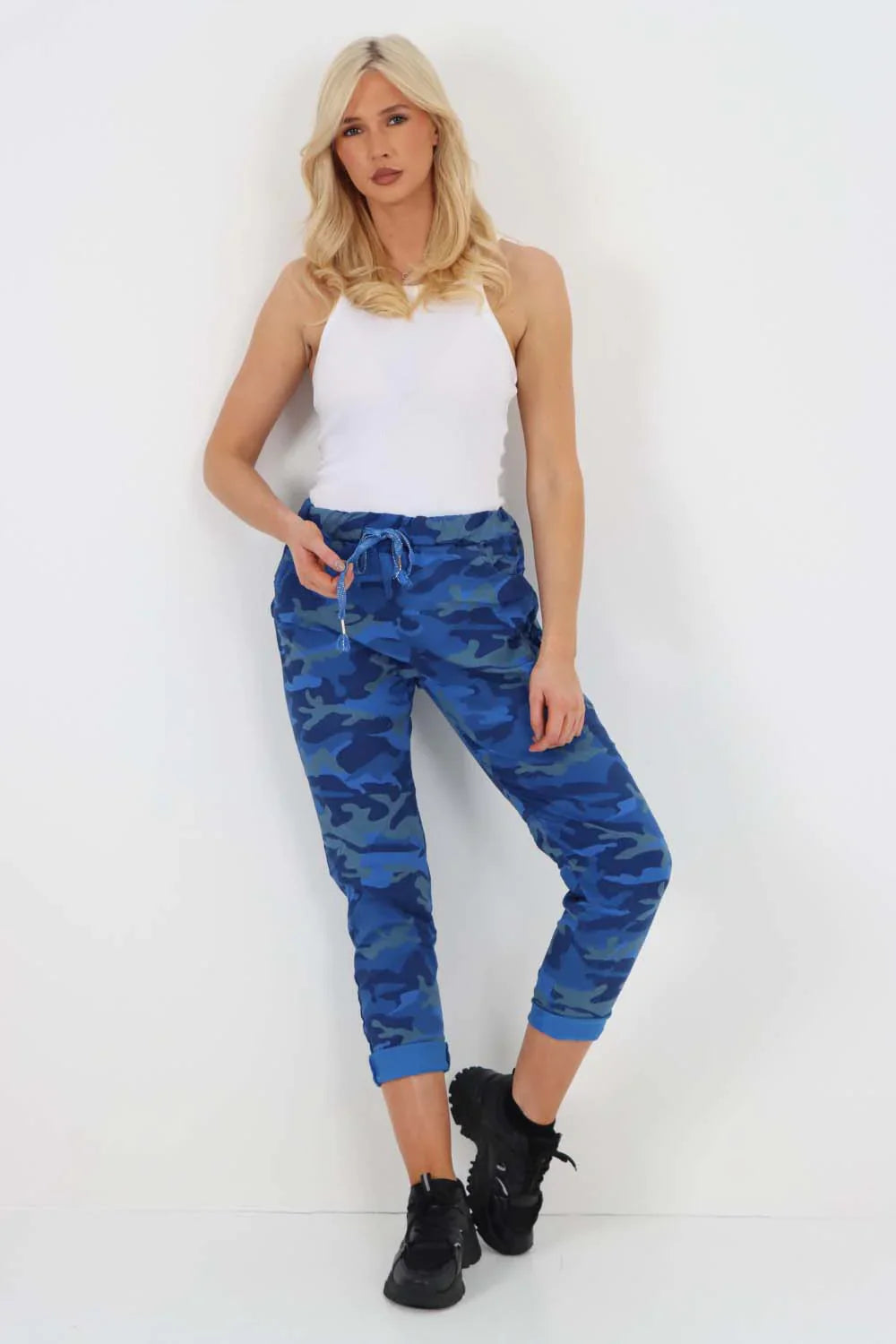 Grey Plus Size Italian Drawstring Camo Side Pockets Trousers For Women 18 - Dropwear