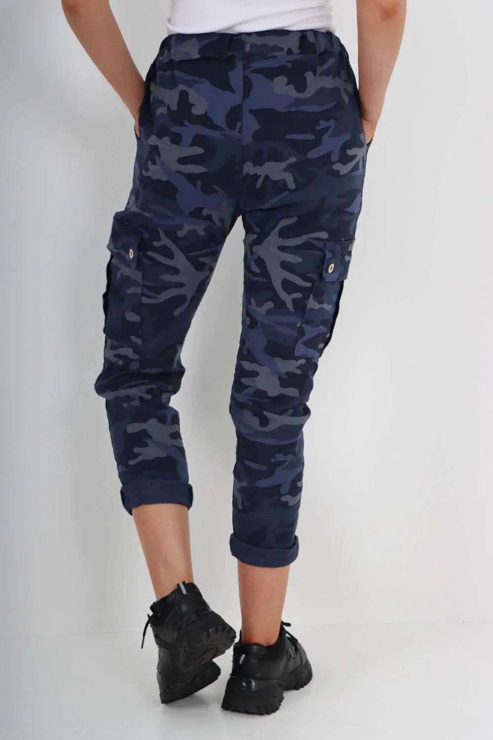 Charcoal Plus Size Italian Drawstring Camo Side Pockets Cargo Trousers For Women 18 - Dropwear