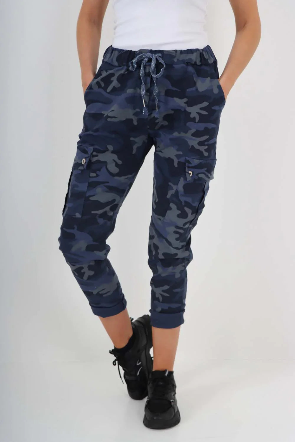 Charcoal Plus Size Italian Drawstring Camo Side Pockets Cargo Trousers For Women 16 - Dropwear