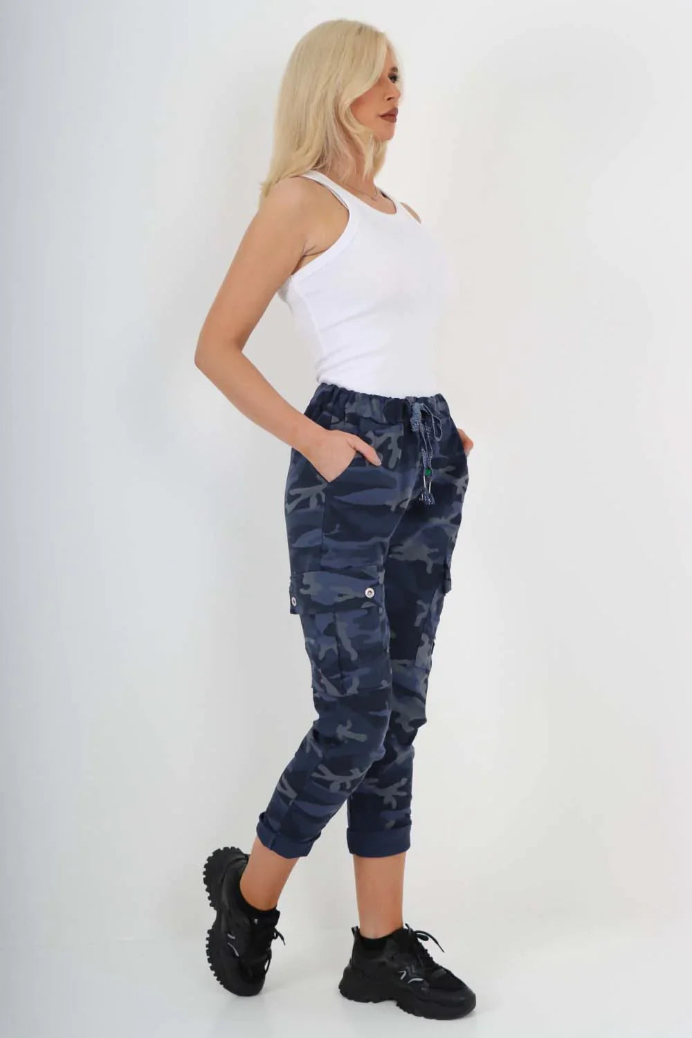 Brown Plus Size Italian Drawstring Camo Side Pockets Cargo Trousers For Women 22 - Dropwear
