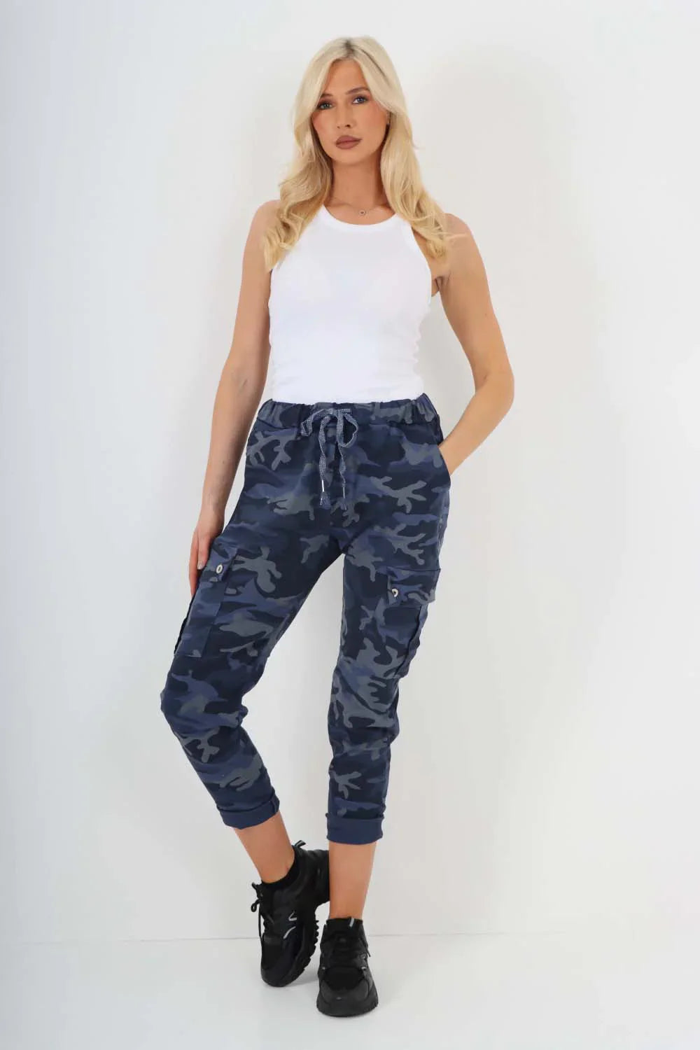 Brown Plus Size Italian Drawstring Camo Side Pockets Cargo Trousers For Women 16 - Dropwear