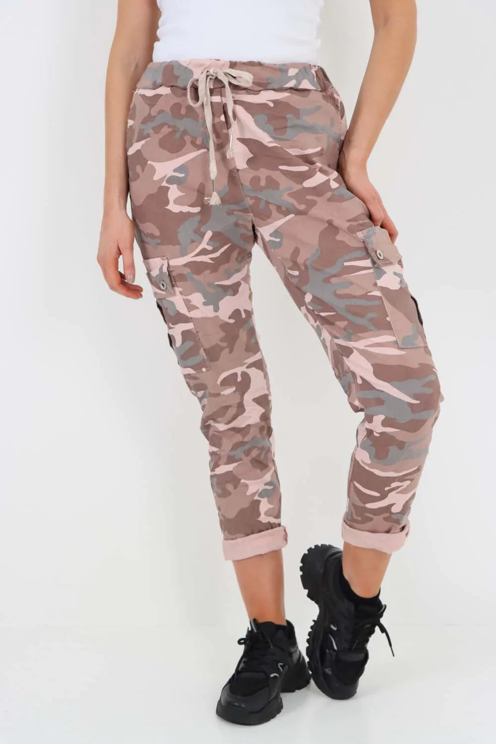 Blue Plus Size Italian Drawstring Camo Side Pockets Cargo Trousers For Women 20 - Dropwear