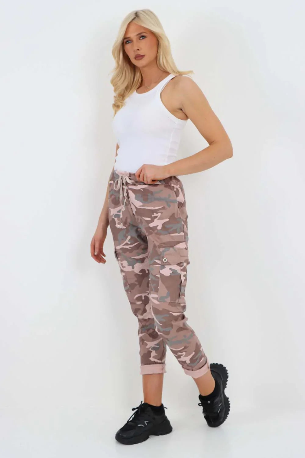 Black Plus Size Italian Drawstring Camo Side Pockets Cargo Trousers For Women 22 - Dropwear