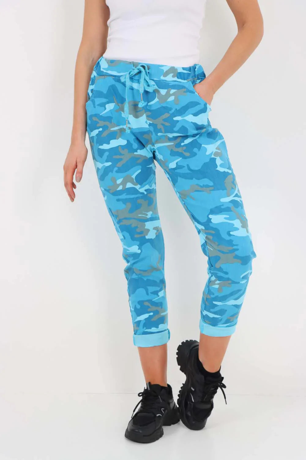 Denim Blue Plus Size Italian Drawstring Camo Side Pockets Trousers For Women 16 - Dropwear