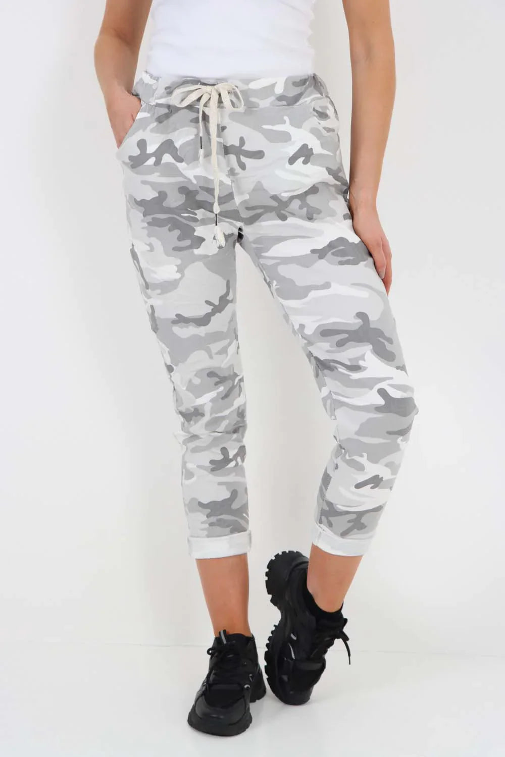 Denim Blue Plus Size Italian Drawstring Camo Side Pockets Trousers For Women 22 - Dropwear