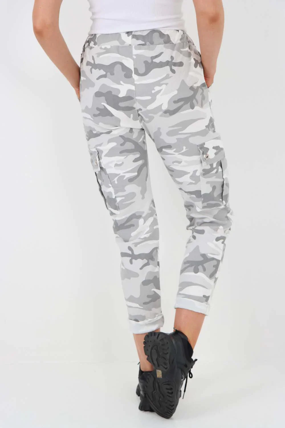 Black Plus Size Italian Drawstring Camo Side Pockets Cargo Trousers For Women 18 - Dropwear
