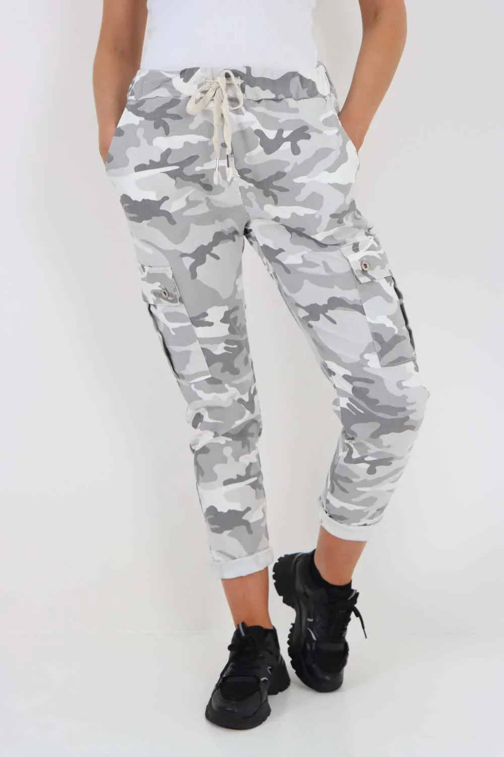 Black Plus Size Italian Drawstring Camo Side Pockets Cargo Trousers For Women 16 - Dropwear