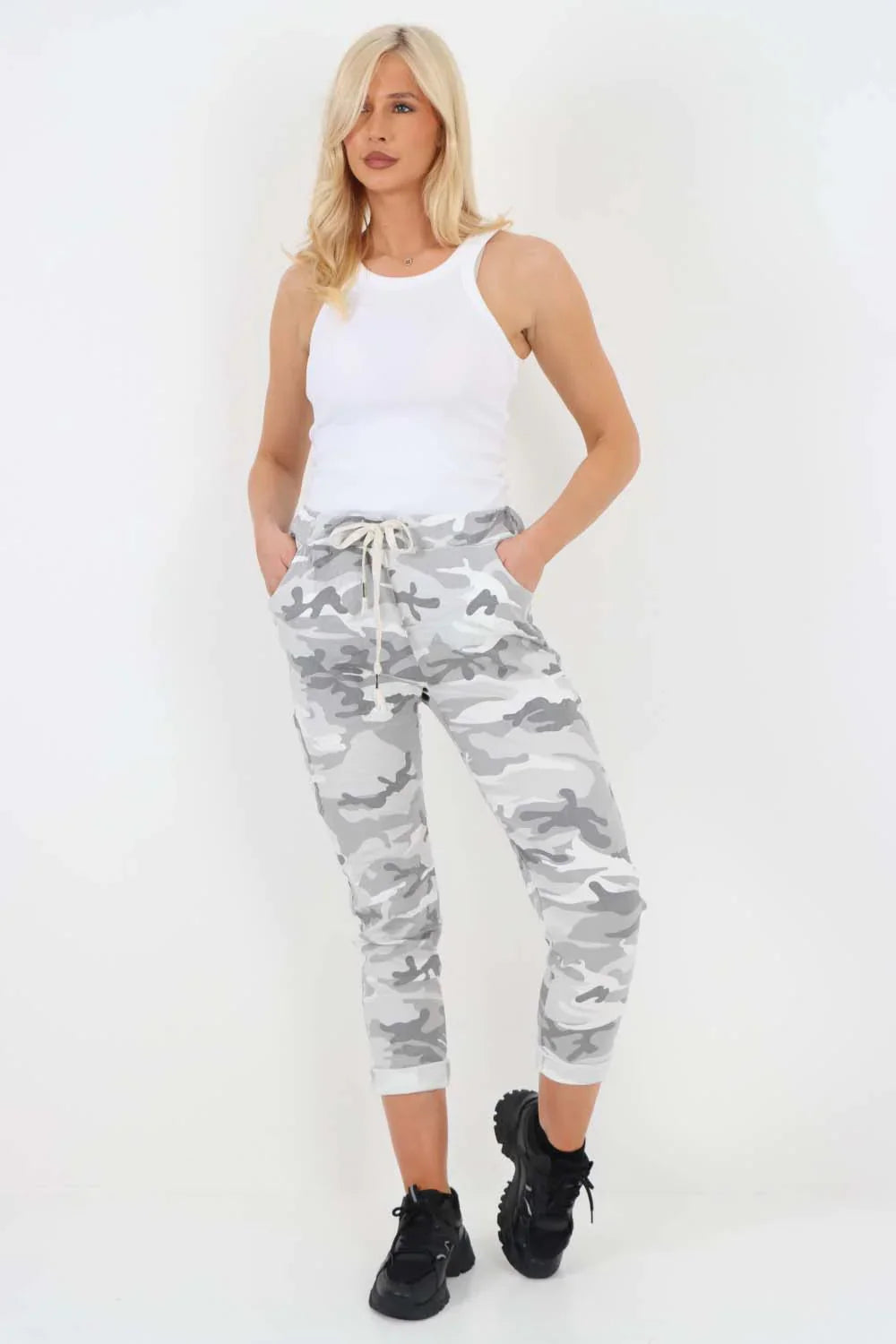 Blue Plus Size Italian Drawstring Camo Side Pockets Trousers For Women 20 - Dropwear