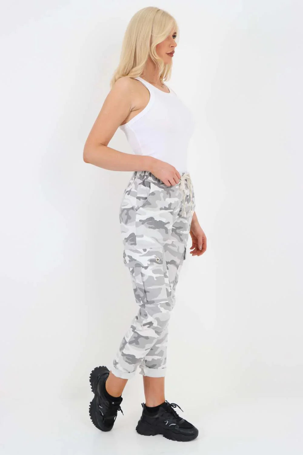 Beige Plus Size Italian Drawstring Camo Side Pockets Cargo Trousers For Women 22 - Dropwear