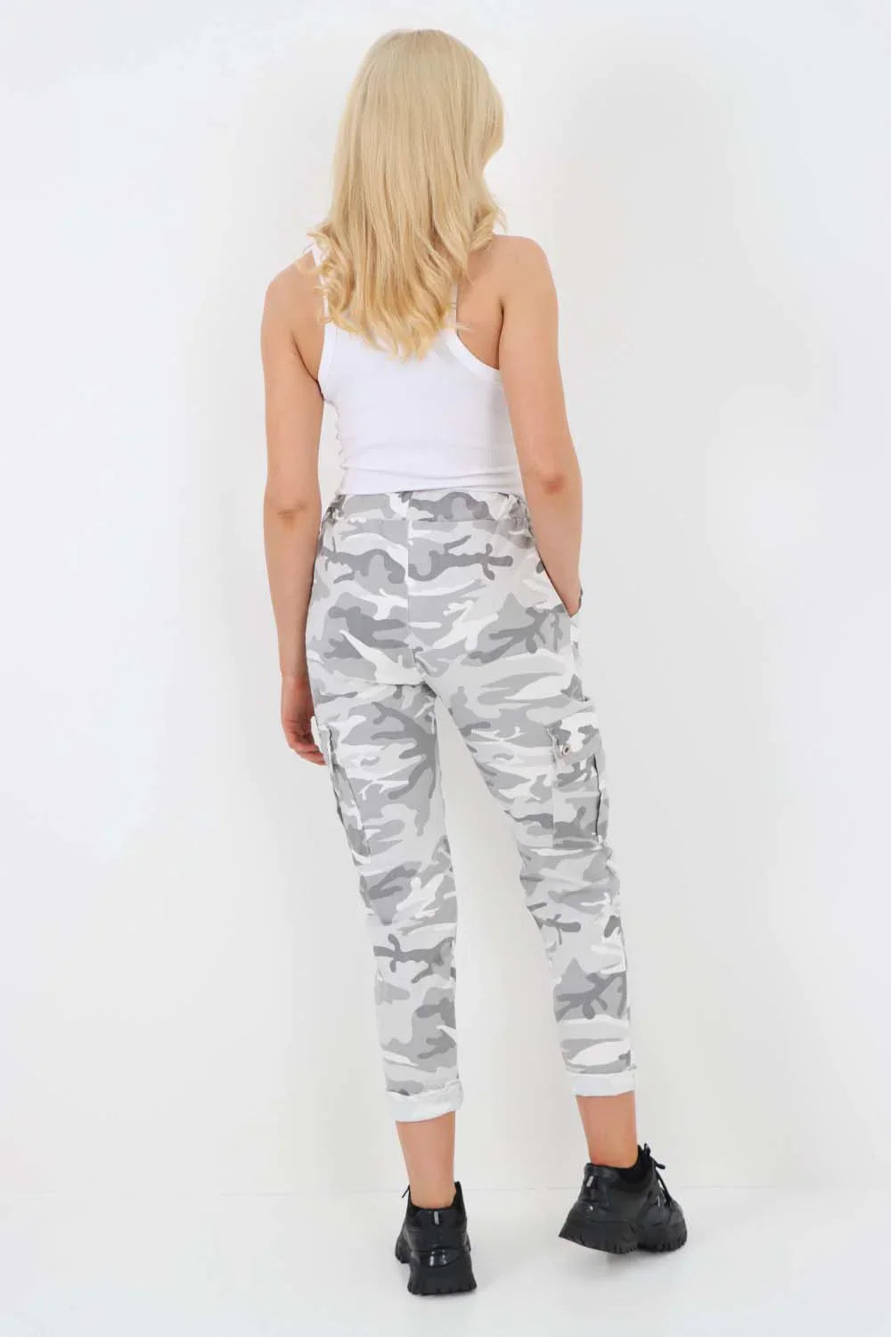 Beige Plus Size Italian Drawstring Camo Side Pockets Cargo Trousers For Women 20 - Dropwear