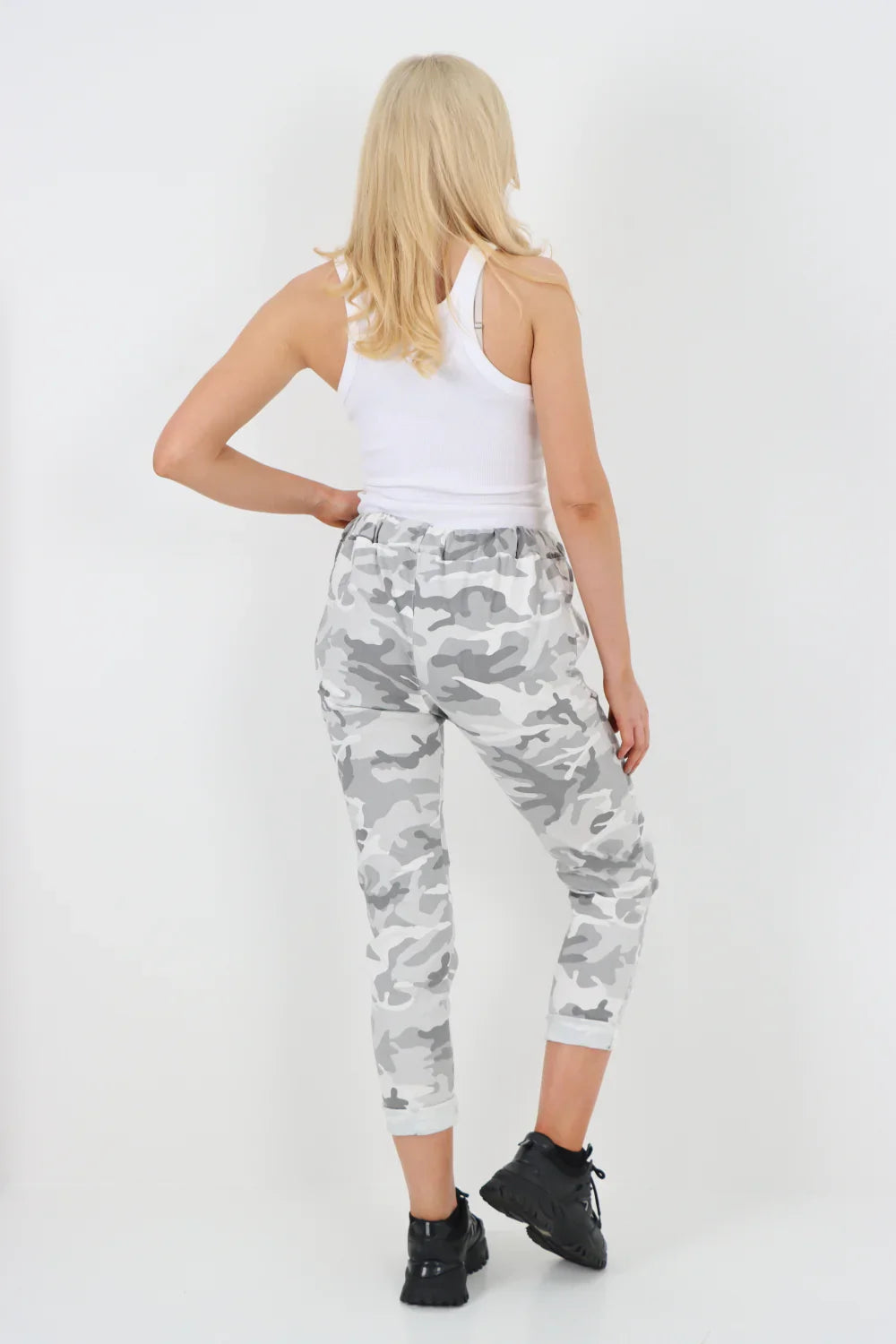 Black Plus Size Italian Drawstring Camo Side Pockets Trousers For Women 20 - Dropwear