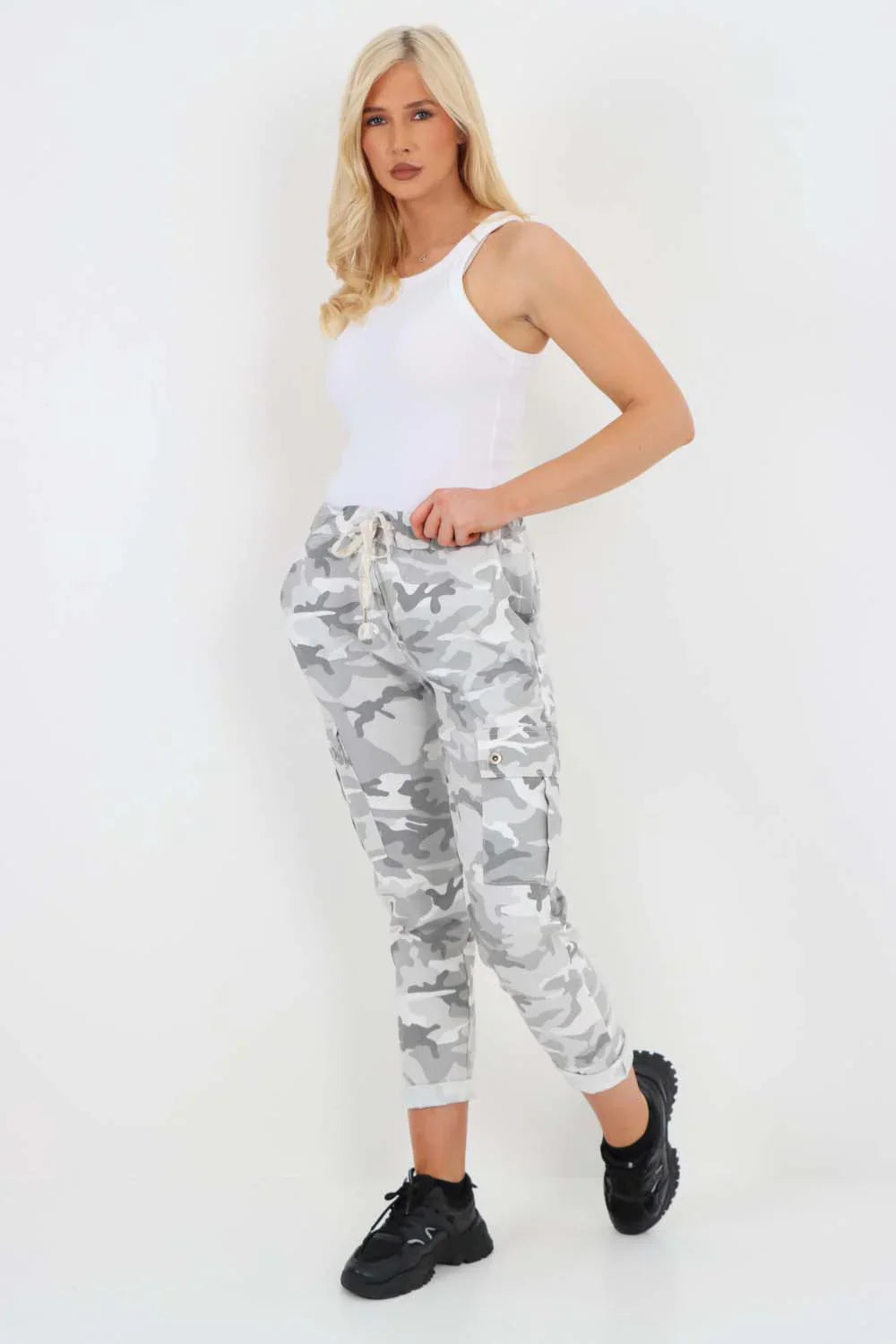 Beige Plus Size Italian Drawstring Camo Side Pockets Cargo Trousers For Women 18 - Dropwear
