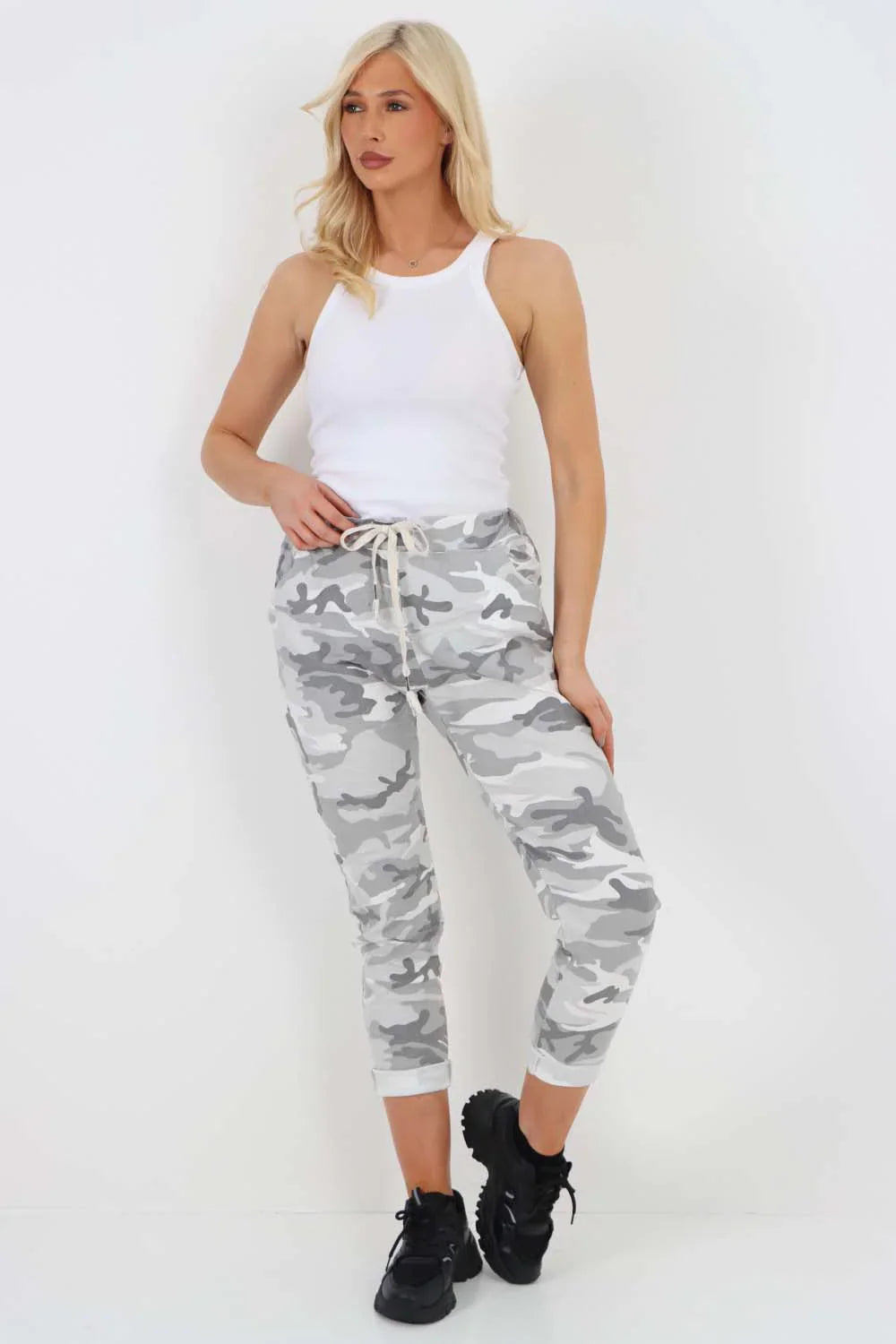 Blue Plus Size Italian Drawstring Camo Side Pockets Trousers For Women 16 - Dropwear