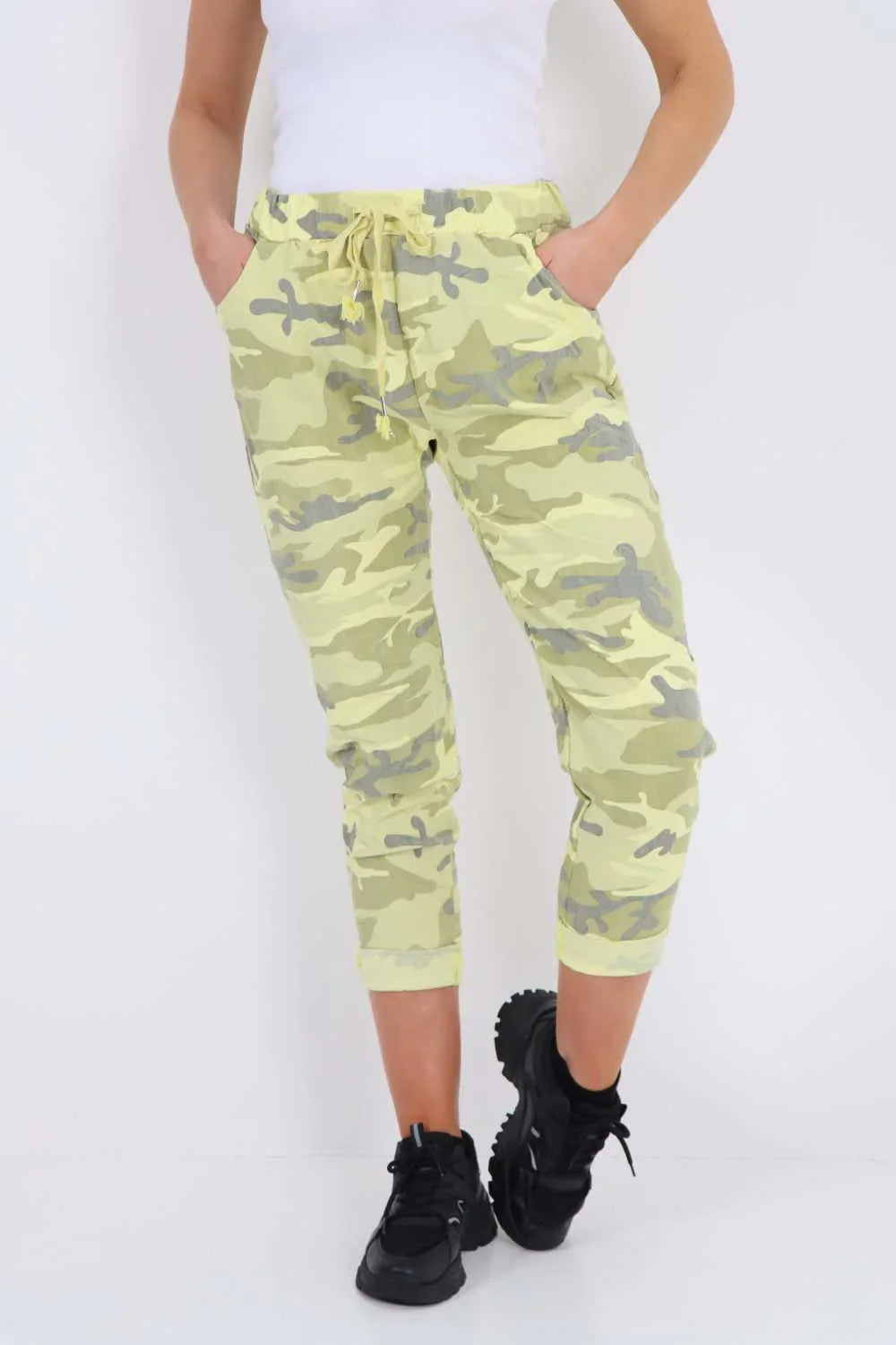 Black Plus Size Italian Drawstring Camo Side Pockets Trousers For Women 16 - Dropwear