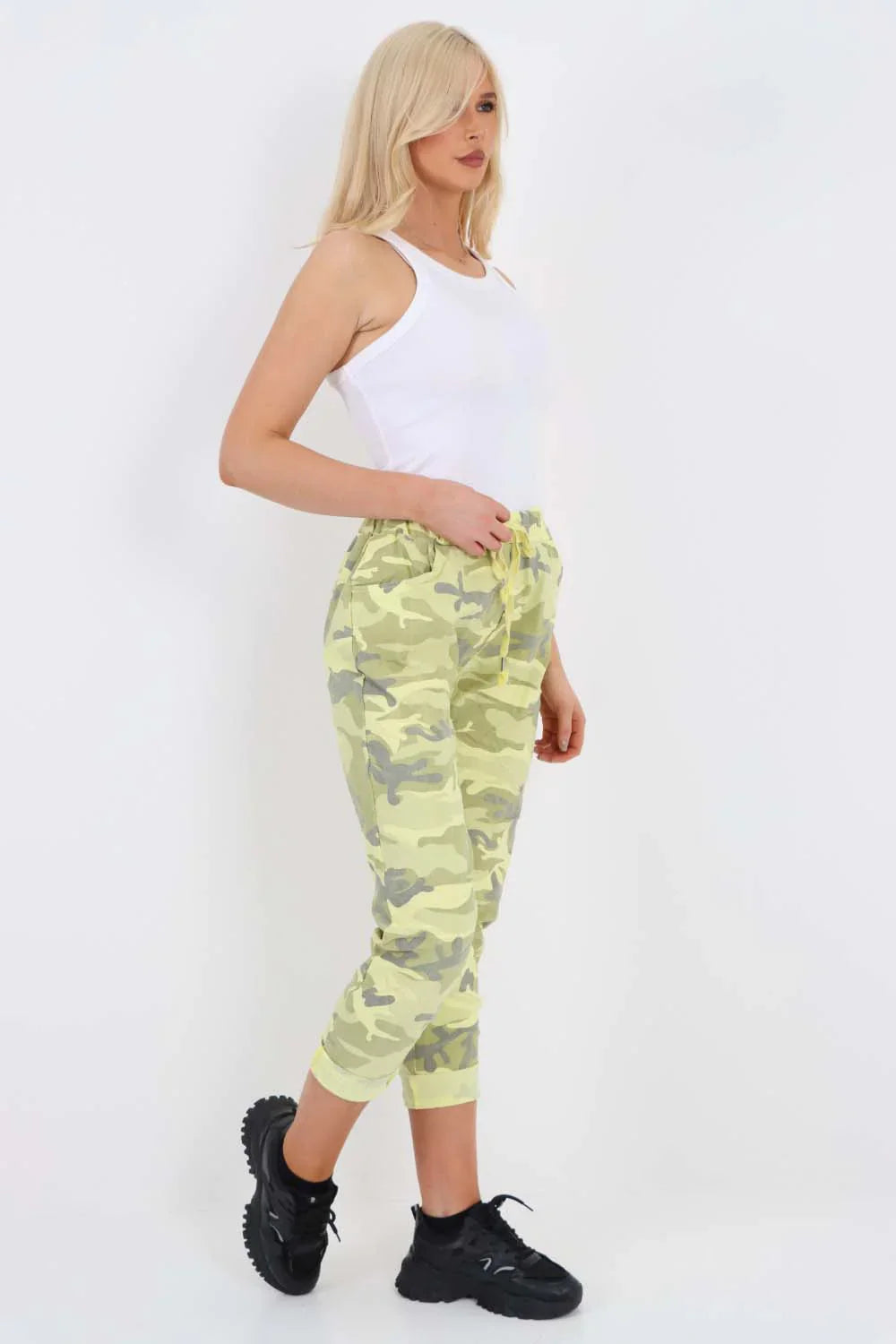 Beige Plus Size Italian Drawstring Camo Side Pockets Trousers For Women 22 - Dropwear