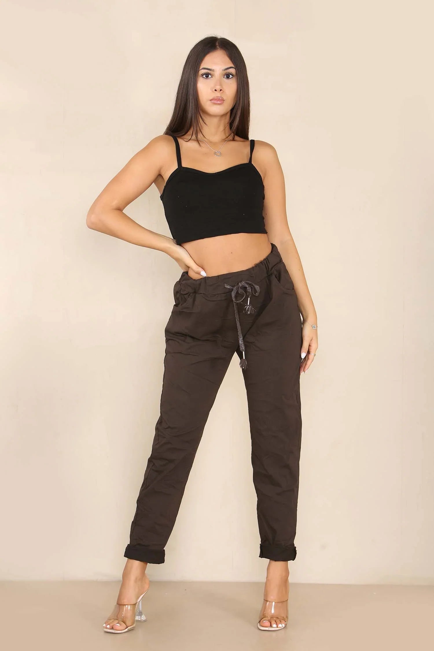 Charcoal Italian Glitter Drawstring Waistband Magic Pants For Women 8 - Dropwear