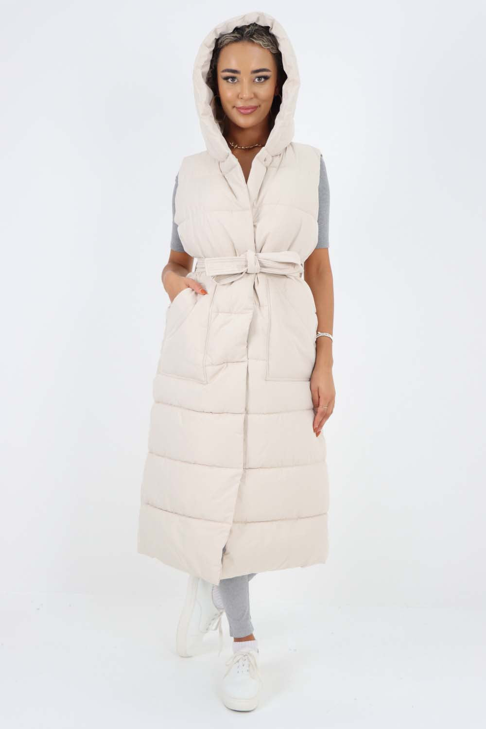 Italian Belted Hooded Long Gilet For Women  - Dropwear