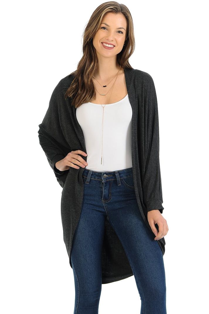 Dark Grey Plus Size Batwing Long Open Cardigan Top For Women 16-18 - Dropwear