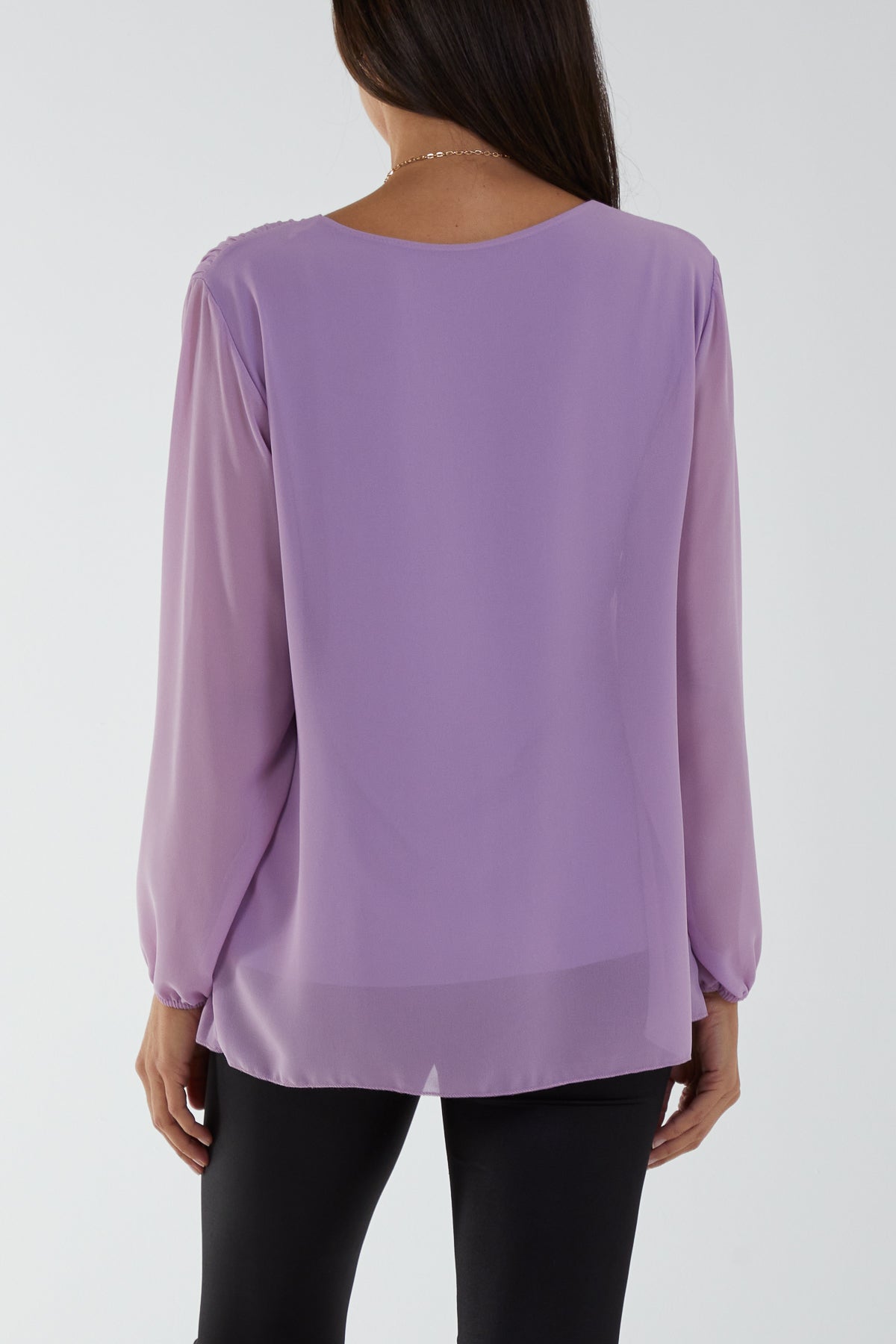 Pleated Long Sleeve Necklace Top For Women  - Dropwear