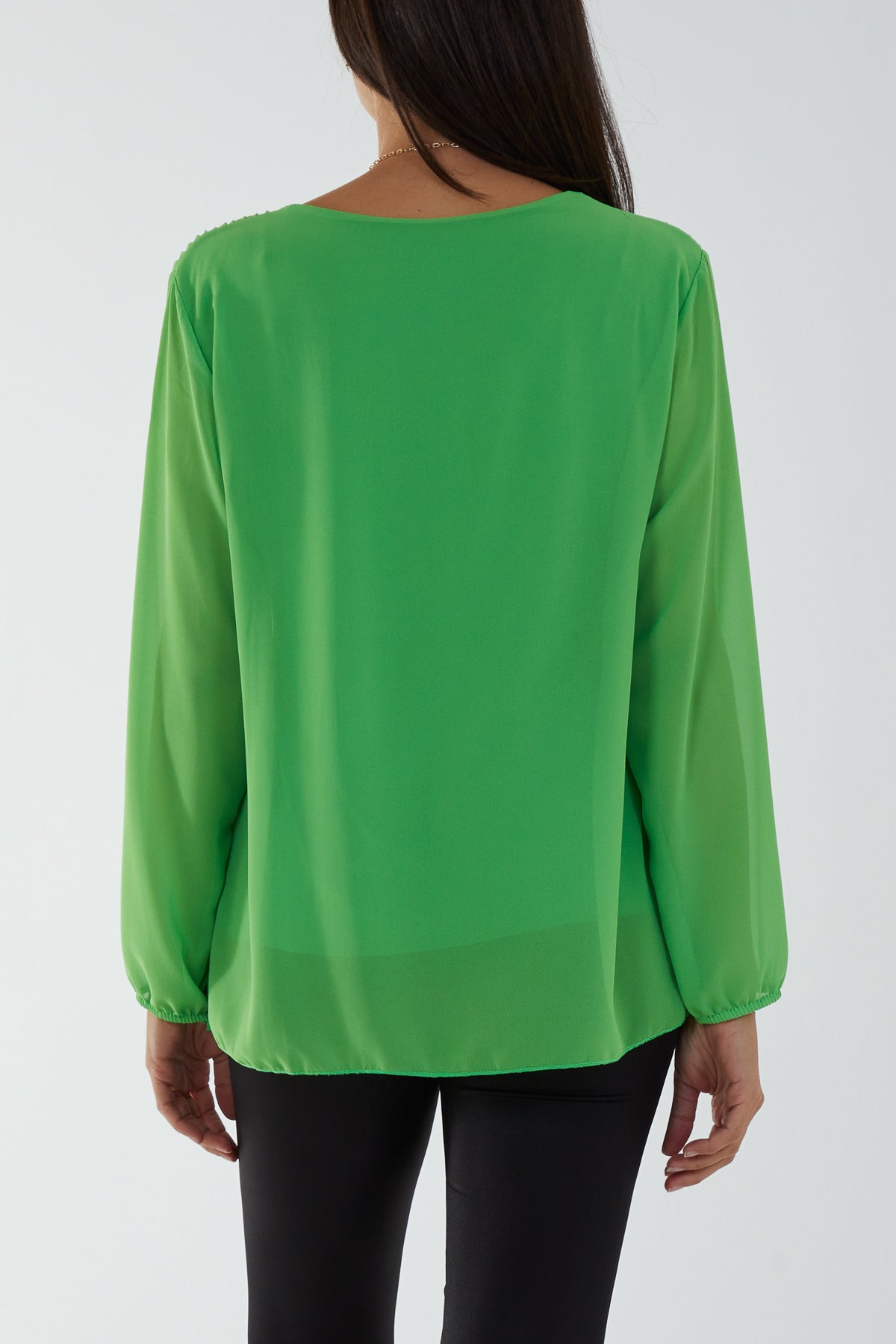 Pleated Long Sleeve Necklace Top For Women  - Dropwear