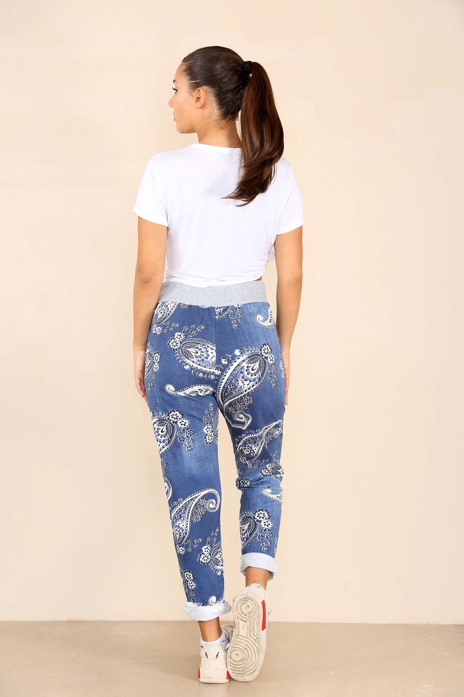 Light Denim Plus Size Italian Paisley Print Drawstring Cotton Joggers For Women 16 - Dropwear