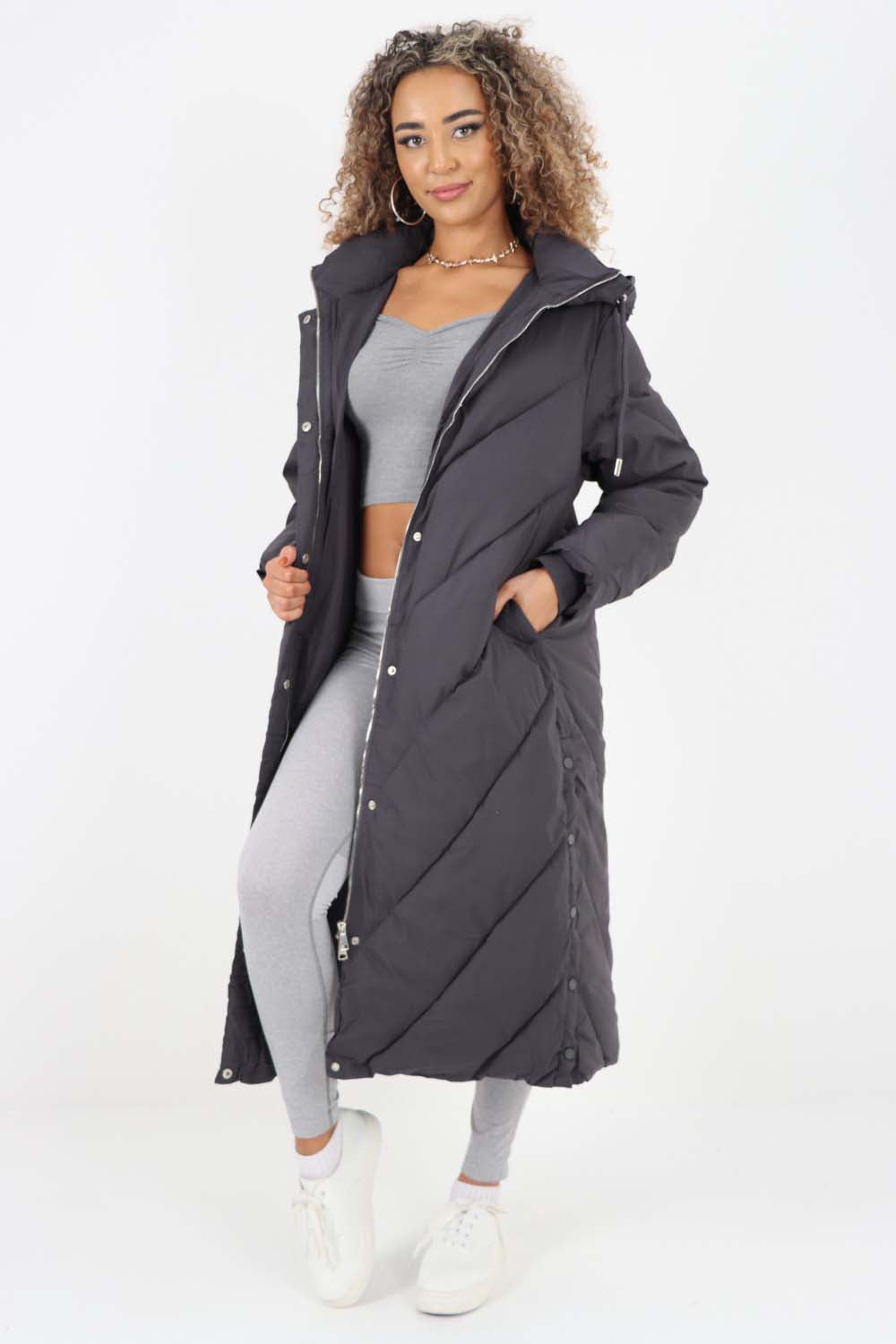 Italian Quilted Hooded Long Jacket Coat For Women  - Dropwear
