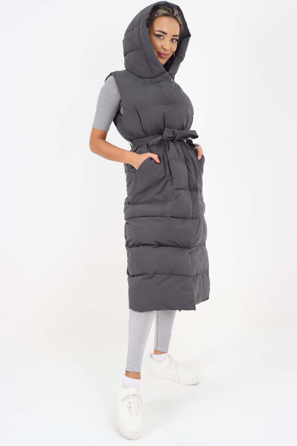 Italian Belted Hooded Long Gilet For Women  - Dropwear