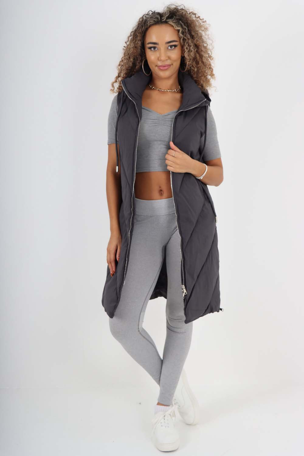 Italian Padded Pockets Hooded Zip up Long Gilet For Women  - Dropwear