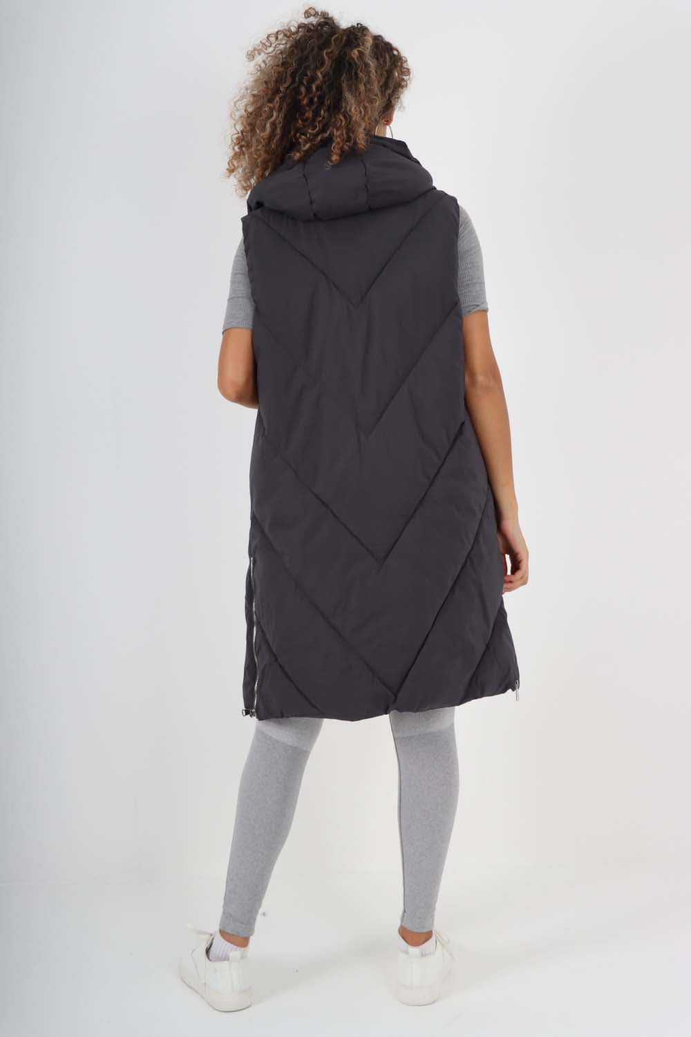 Italian Padded Pockets Hooded Zip up Long Gilet For Women  - Dropwear