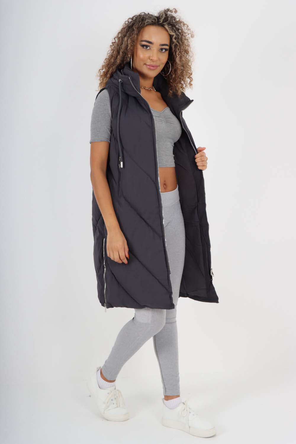 Italian Padded Pockets Hooded Zip up Long Gilet For Women  - Dropwear