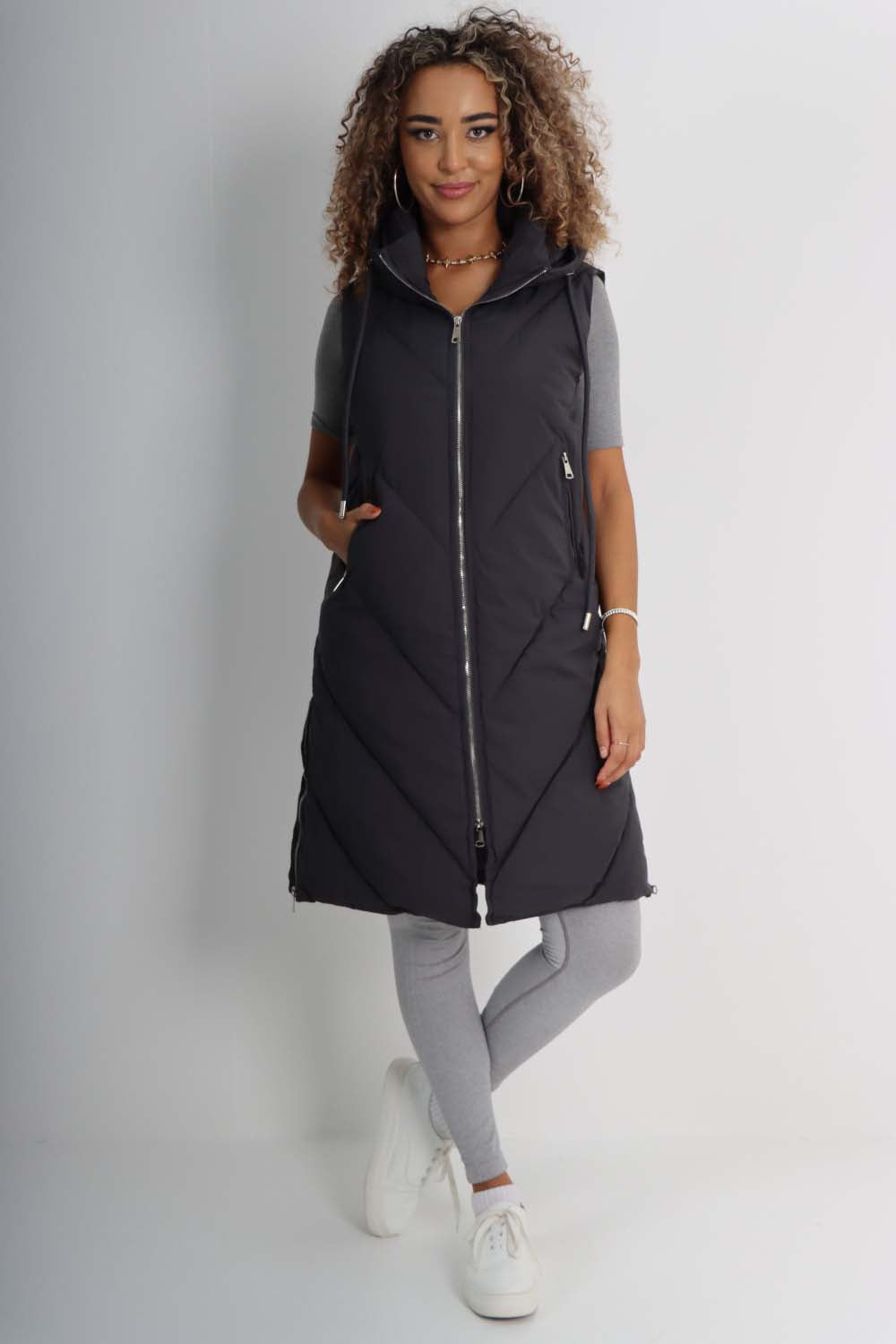Italian Padded Pockets Hooded Zip up Long Gilet For Women  - Dropwear