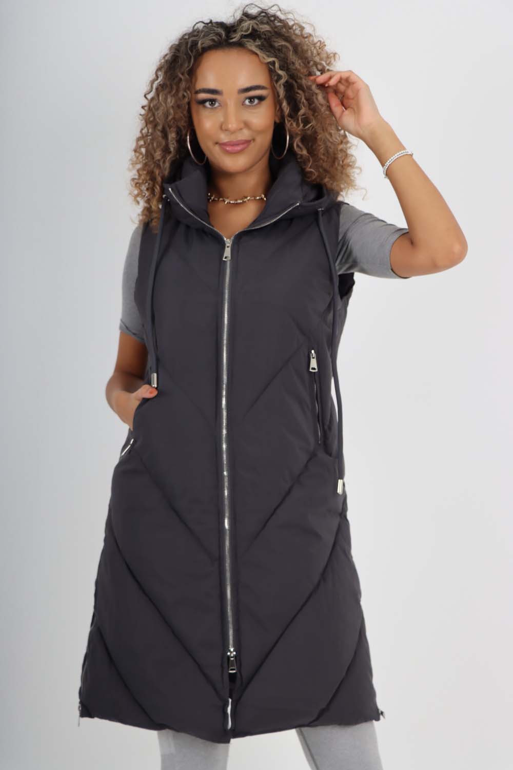 Italian Padded Pockets Hooded Zip up Long Gilet For Women  - Dropwear