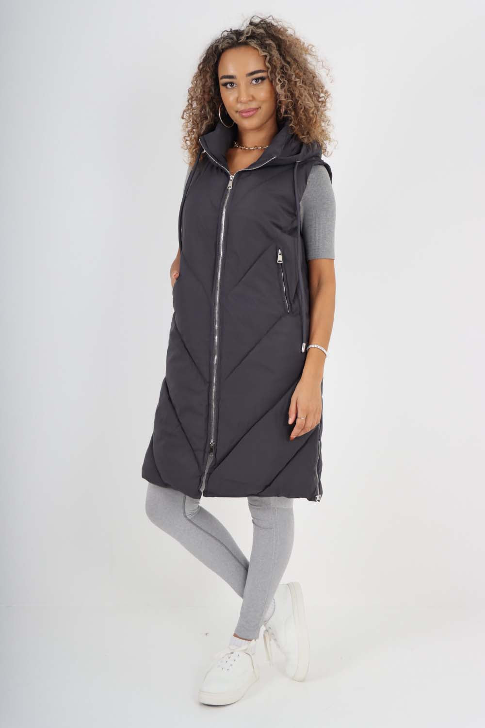 Italian Padded Pockets Hooded Zip up Long Gilet For Women  - Dropwear