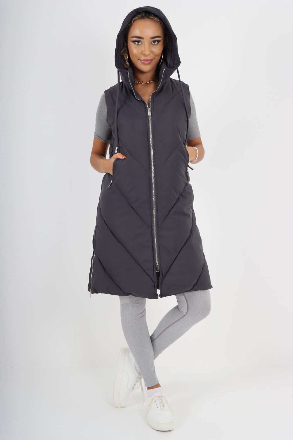 Italian Padded Pockets Hooded Zip up Long Gilet For Women  - Dropwear