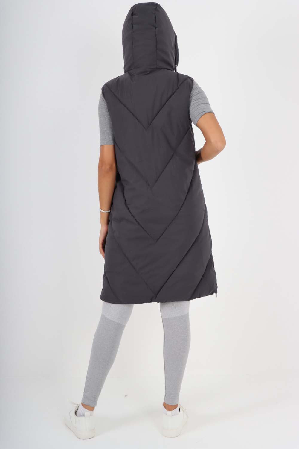 Italian Padded Pockets Hooded Zip up Long Gilet For Women  - Dropwear