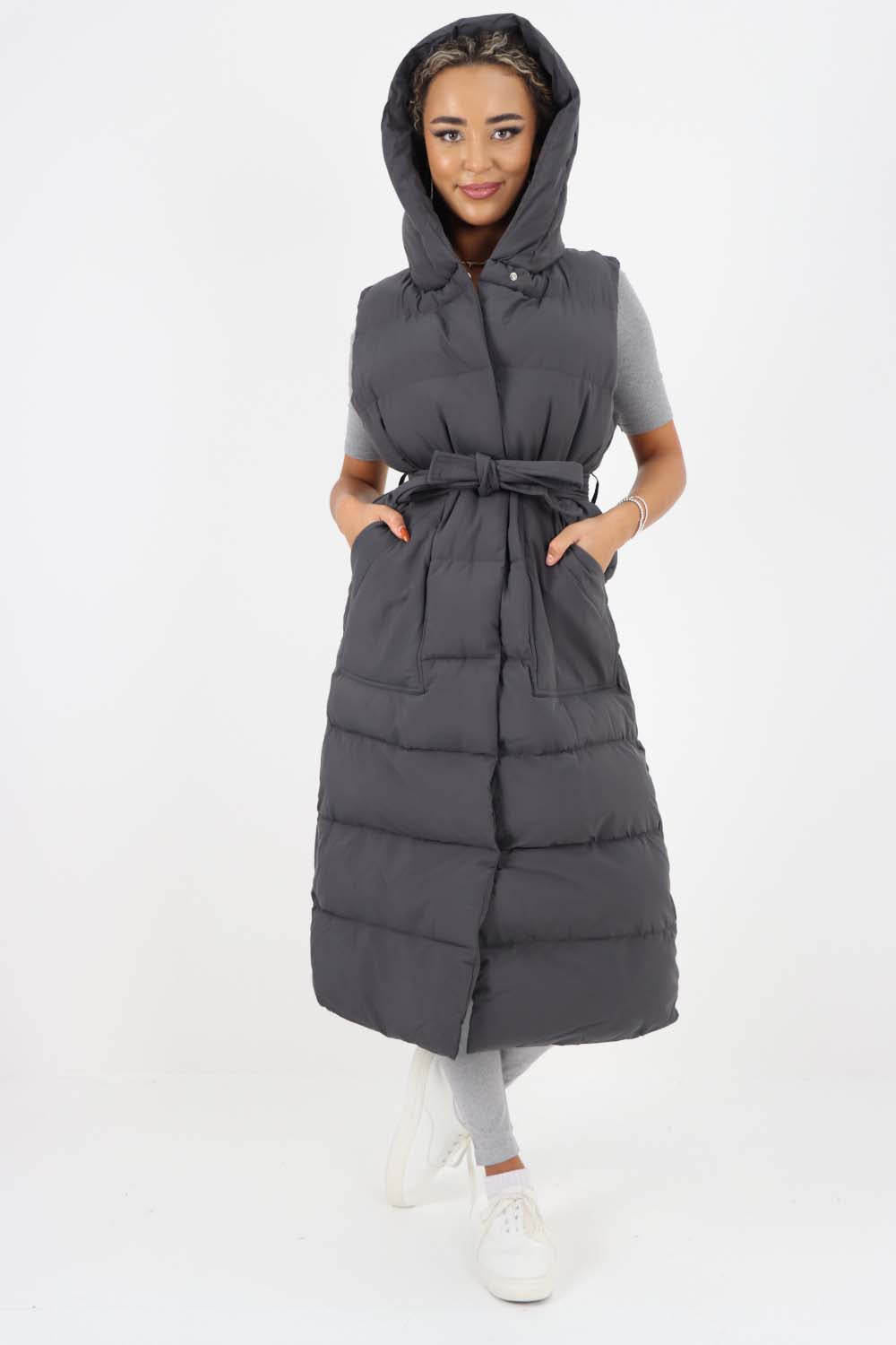Italian Belted Hooded Long Gilet For Women  - Dropwear