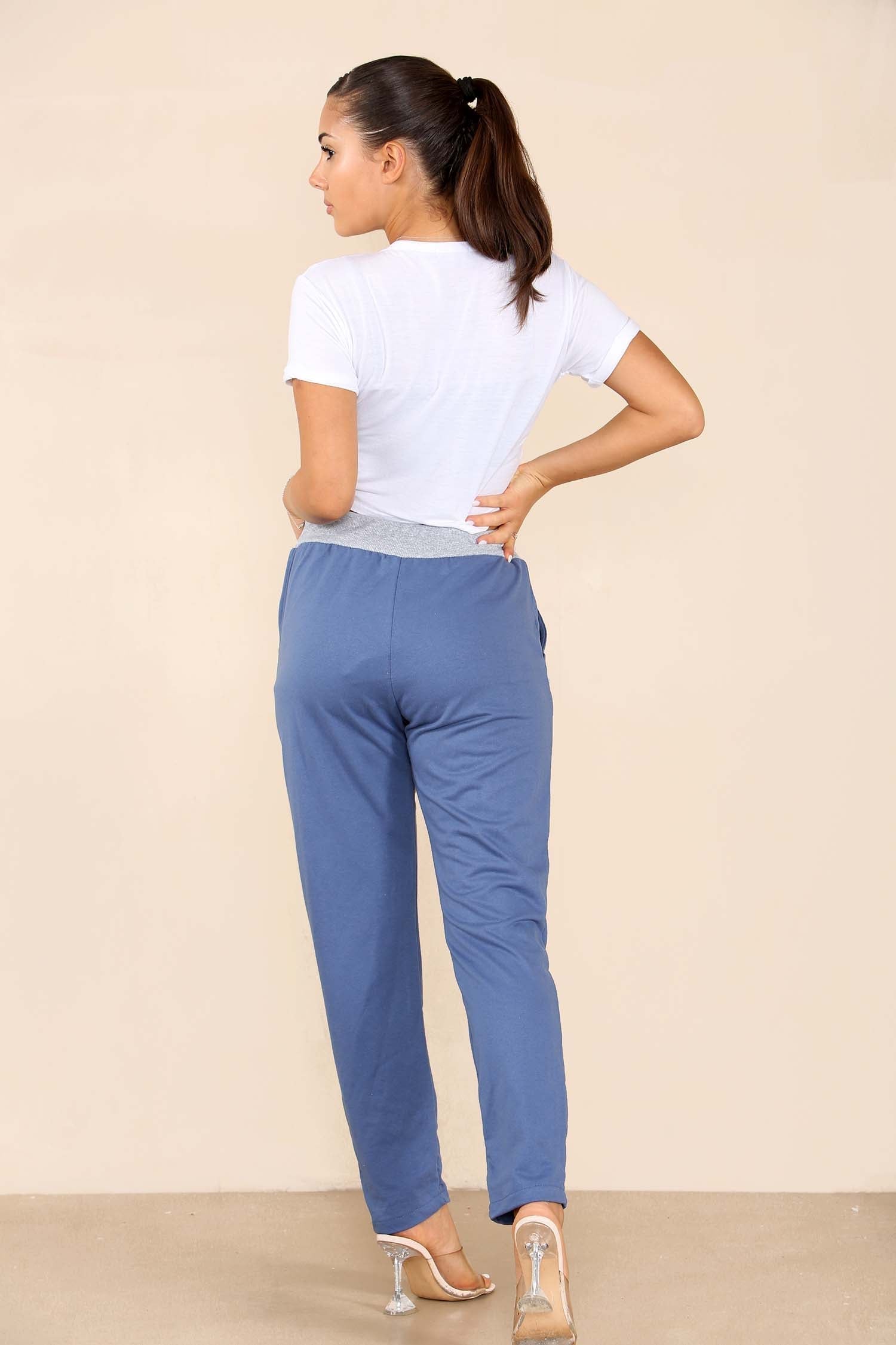 Denim Blue Plus Size Italian Plain Drawstring Cotton Joggers For Women 22 - Dropwear